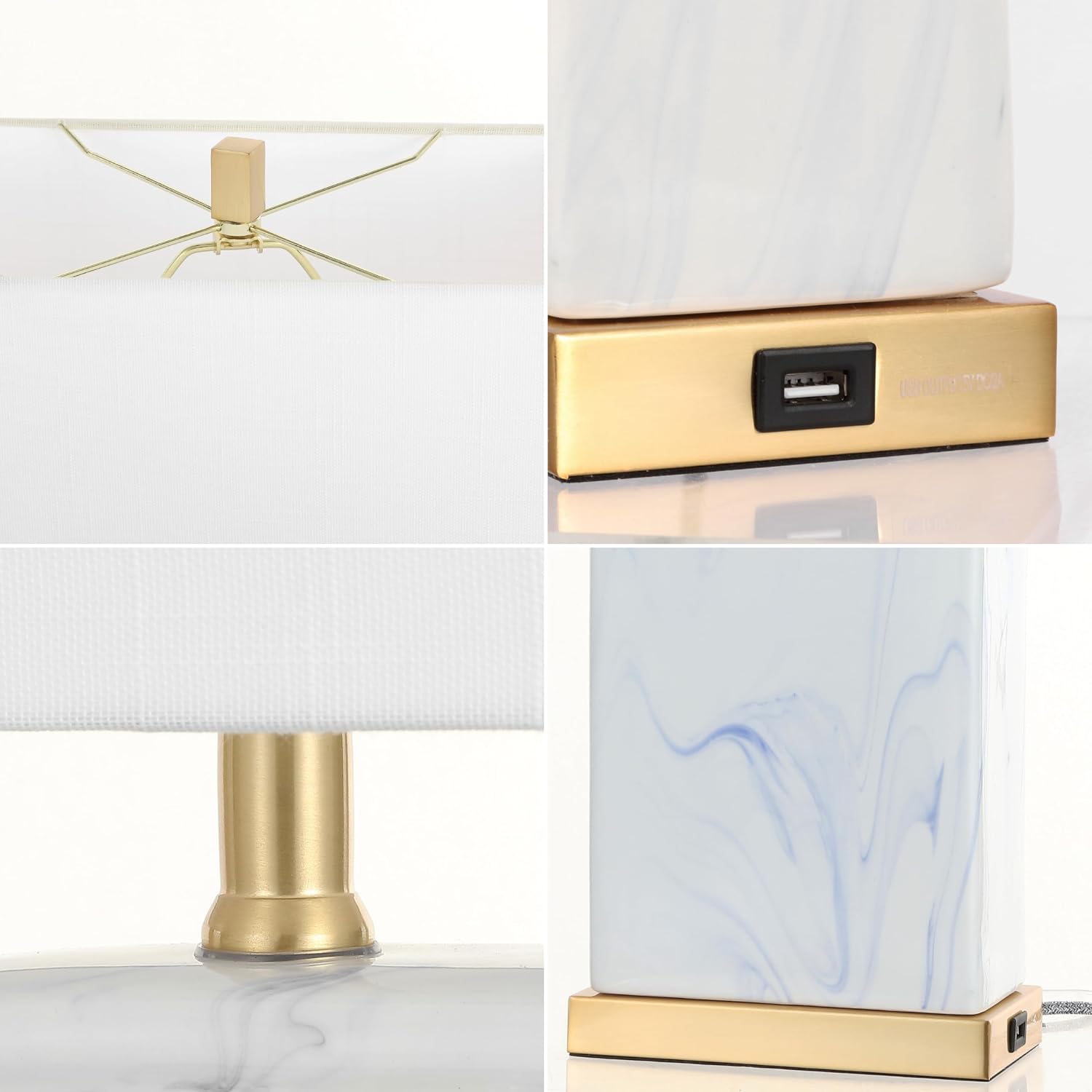 JONATHAN Y 24.5' Blue and White Marbled Ceramic LED Table Lamp Set of 2 with USB Port, Modern Coastal Iron Nightstand Lamp, Brass Gold Accents, LED Bulbs Included JYL1140A-SET2