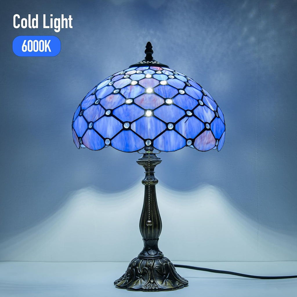 Tiffany Lamp Vintage Deep Blue Stained Glass Bead Table Lamp Desk Bedside Reading Light Decor Bedroom Living Room Home Office D12*H18 Inches