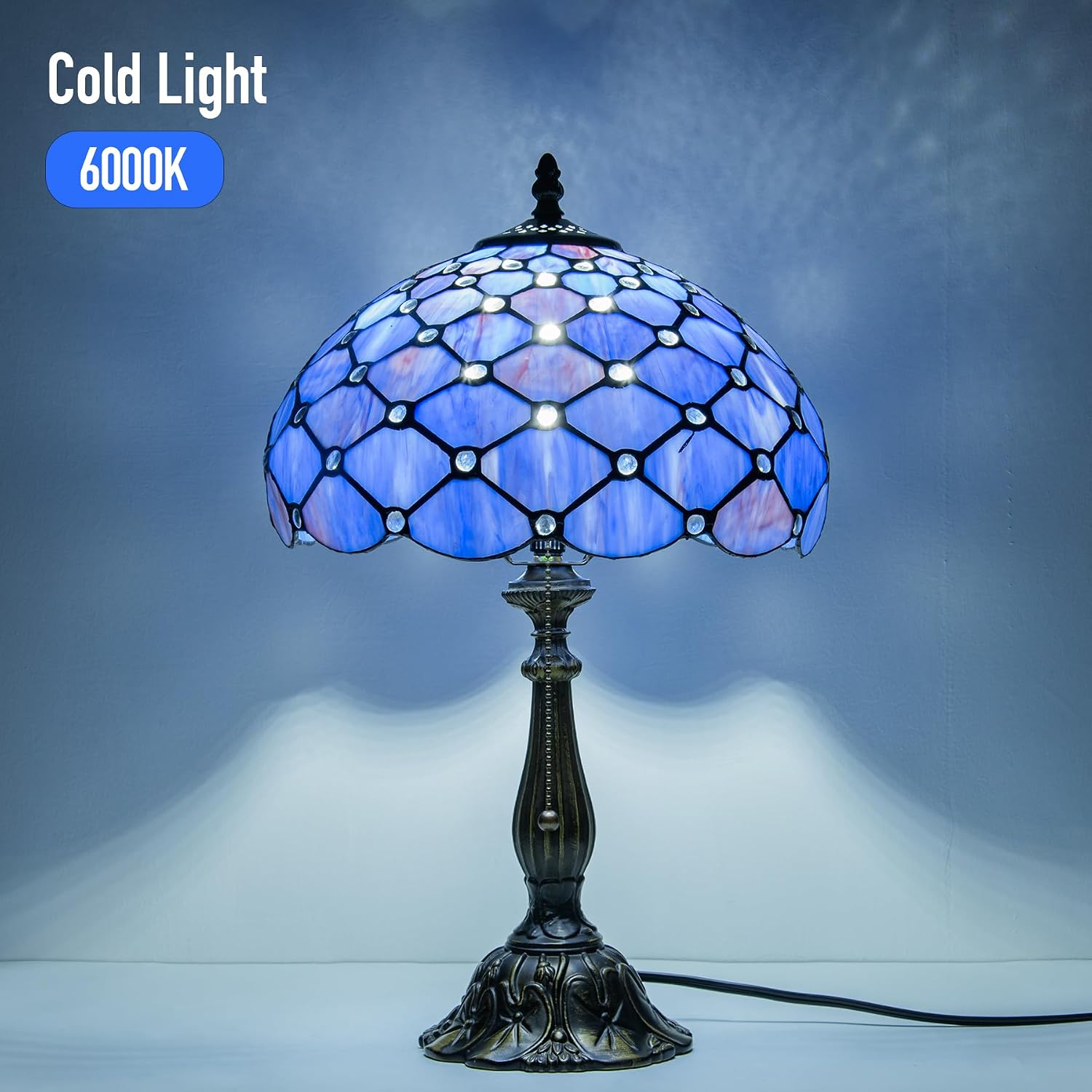 Tiffany Lamp Vintage Deep Blue Stained Glass Bead Table Lamp Desk Bedside Reading Light Decor Bedroom Living Room Home Office D12*H18 Inches