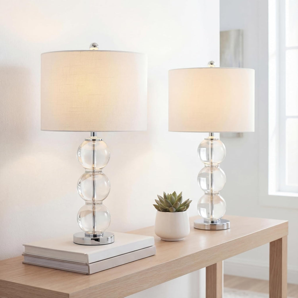 JONATHAN Y 27' Clear/Chrome Triple-Sphere Glass Table Lamp Set of 2, Bedside, White Linen Shade, Modern Table Lamps for Living Room, Bedroom, Office, LED Bulbs Included (JYL1070D-SET2)