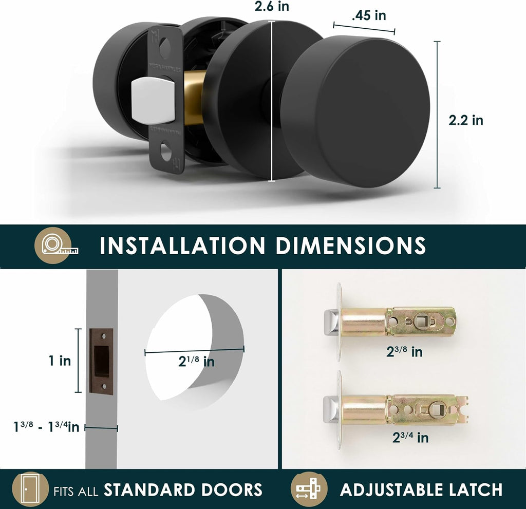 Mega Handles Buena Passage Door Knobs - 3 Pack Reversible Interior Door Knobs, Heavy Duty Matte Black Door Knob for Closet & Hallway, No Lock, Fits All Standard Door Sizes - Matte Black