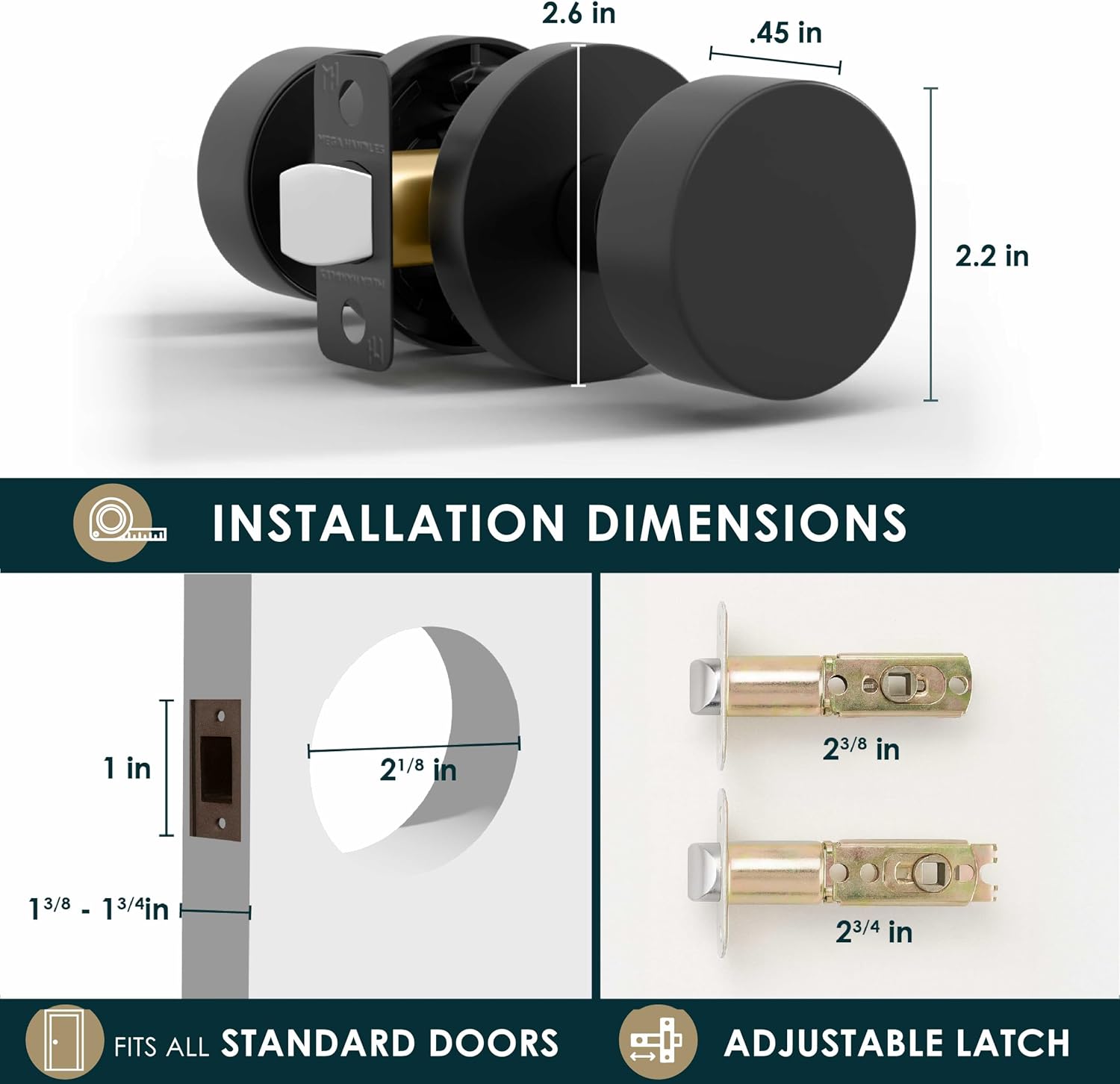 Mega Handles Buena Passage Door Knobs - 3 Pack Reversible Interior Door Knobs, Heavy Duty Matte Black Door Knob for Closet & Hallway, No Lock, Fits All Standard Door Sizes - Matte Black