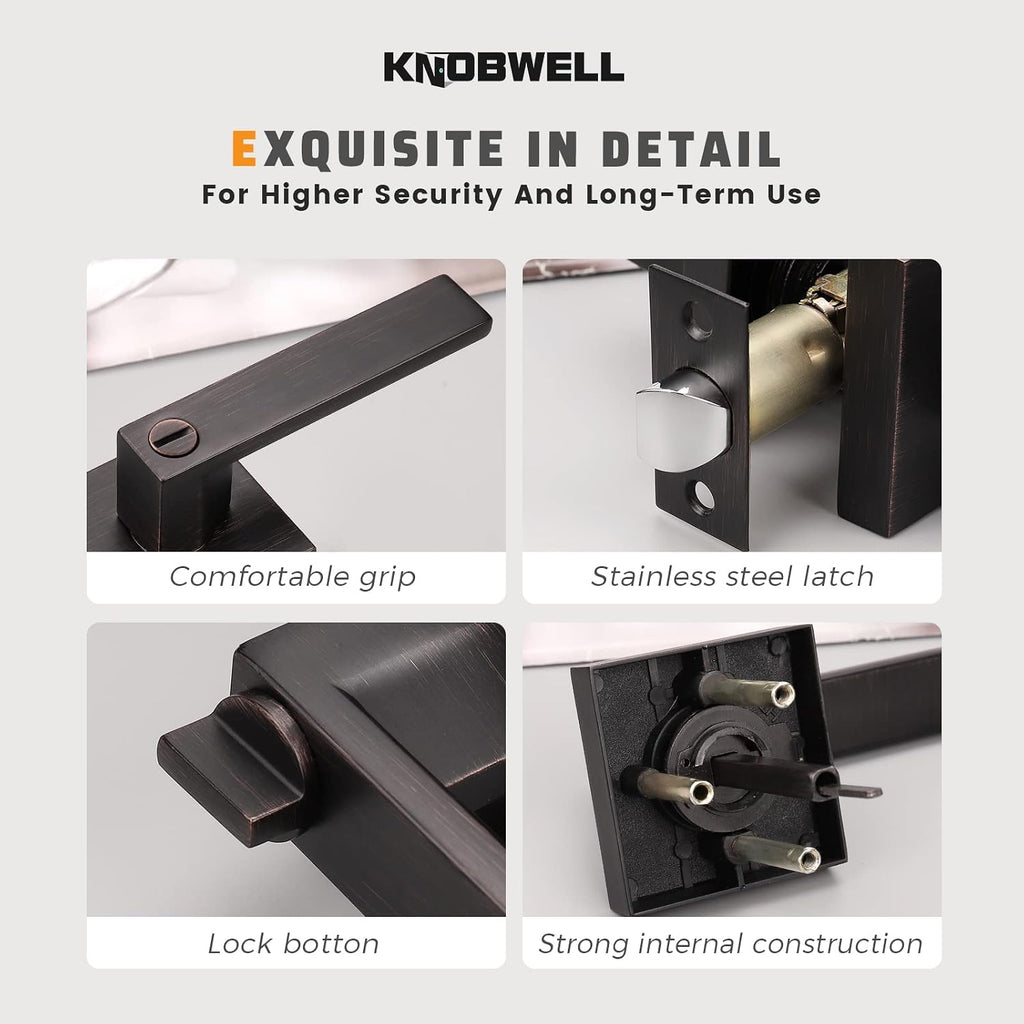 KNOBWELL 4 Pack Bronze Lever Door Handle Privacy Door Knob, Heavy Duty Square Door Knob with Lock for Bedroom Bathroom Office