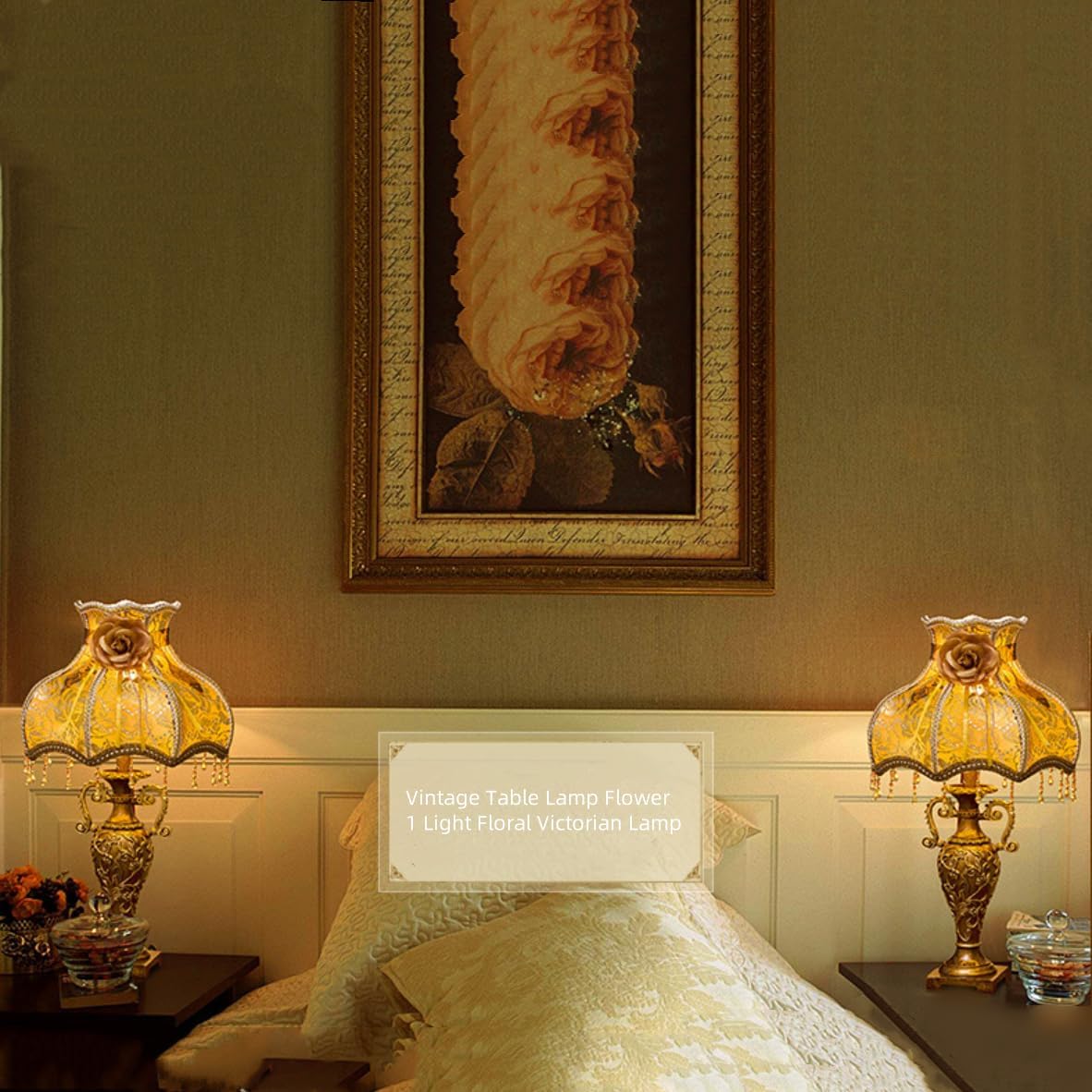 SEESIRHOP Vintage Table Lamp Flower 1 Light Floral Victorian Lamp Beaded Fringe Lamp Brown Fabric Lampshade European Nightstand Lamp with Lace