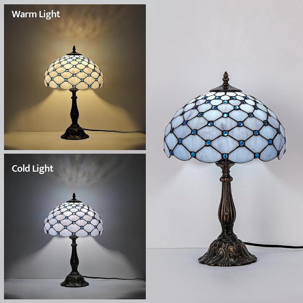 Tiffany Lamp Vintage White Grey Stained Glass Bead Table Lamp Desk Bedside Reading Light Decor Bedroom Living Room Home Office D12*H18 Inches