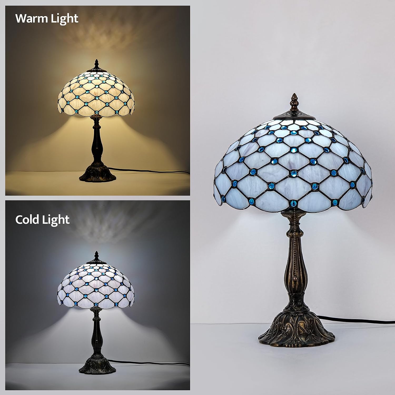 Tiffany Lamp Vintage White Grey Stained Glass Bead Table Lamp Desk Bedside Reading Light Decor Bedroom Living Room Home Office D12*H18 Inches