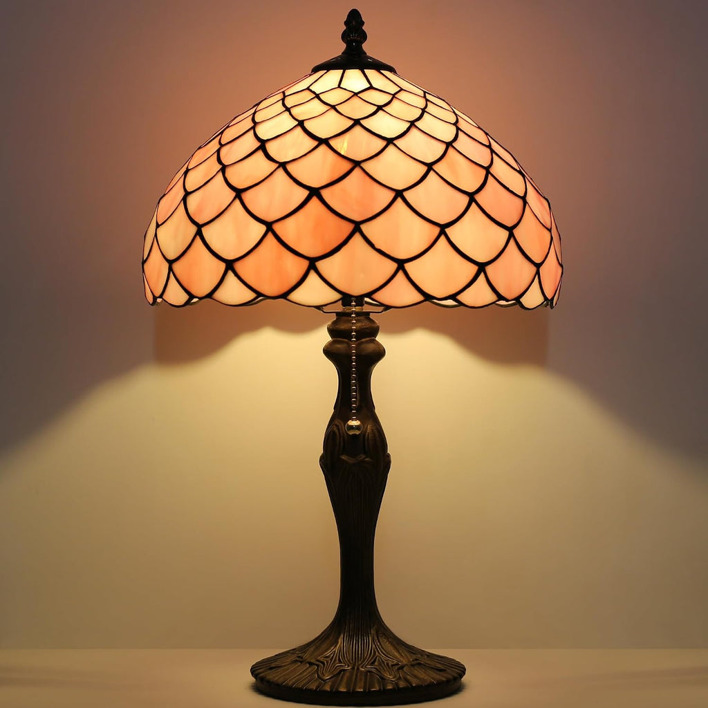 Tiffany Lamp Stained Glass Table Lamp 12' x 19' Pink Fish Scales Style Decorative Lamp Bedside Reading Lamp for Desk Living Room Bedroom Office Study Light Home Decor Gift