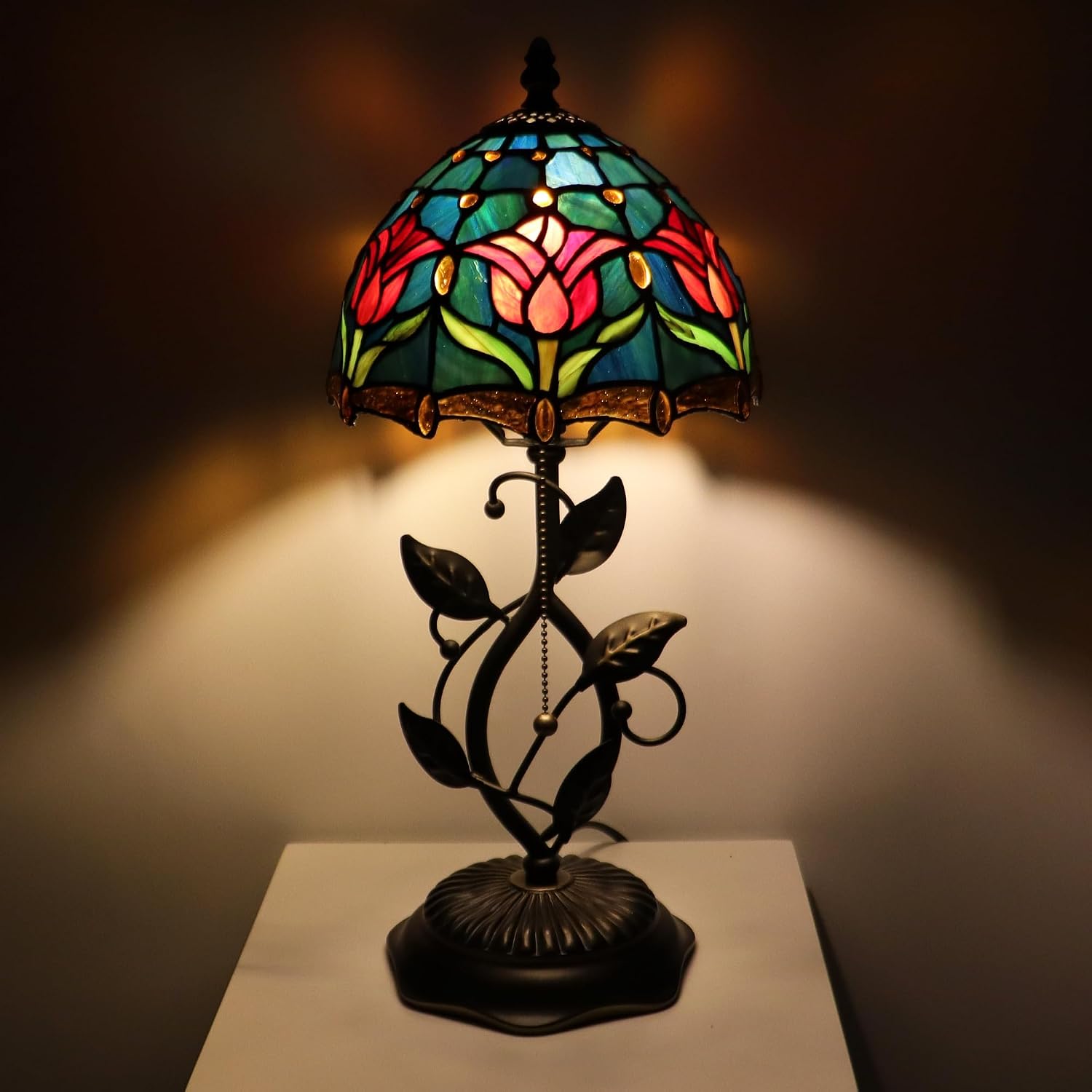 Small Tiffany Lamp Red Blue Tulips Style Stained Glass Table Lamps Desk Bedside Reading Light 8X8X18 Inches with Bronze Metal Leaf Resin Base