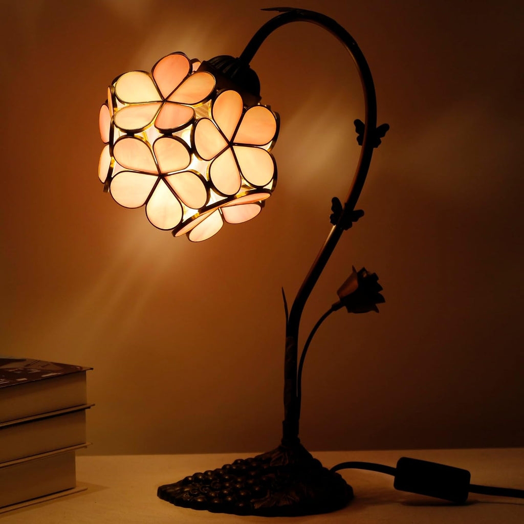 Tiffany Lamp Stained Glass Pink Small Flower Petal Table Lamp with Metal Leaf Resin Base 10X6X16 Inches Desk Reading Light