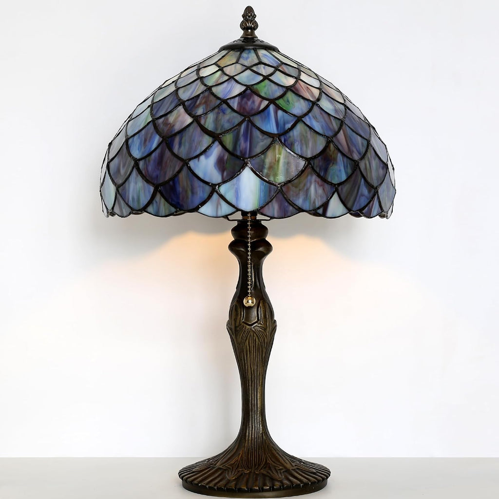 Tiffany Lamp Stained Glass Table Lamp 12' x 19' Blue Fish Scales Style Decorative Lamp Bedside Reading Lamp for Desk Living Room Bedroom Office Study Light Home Decor Gift