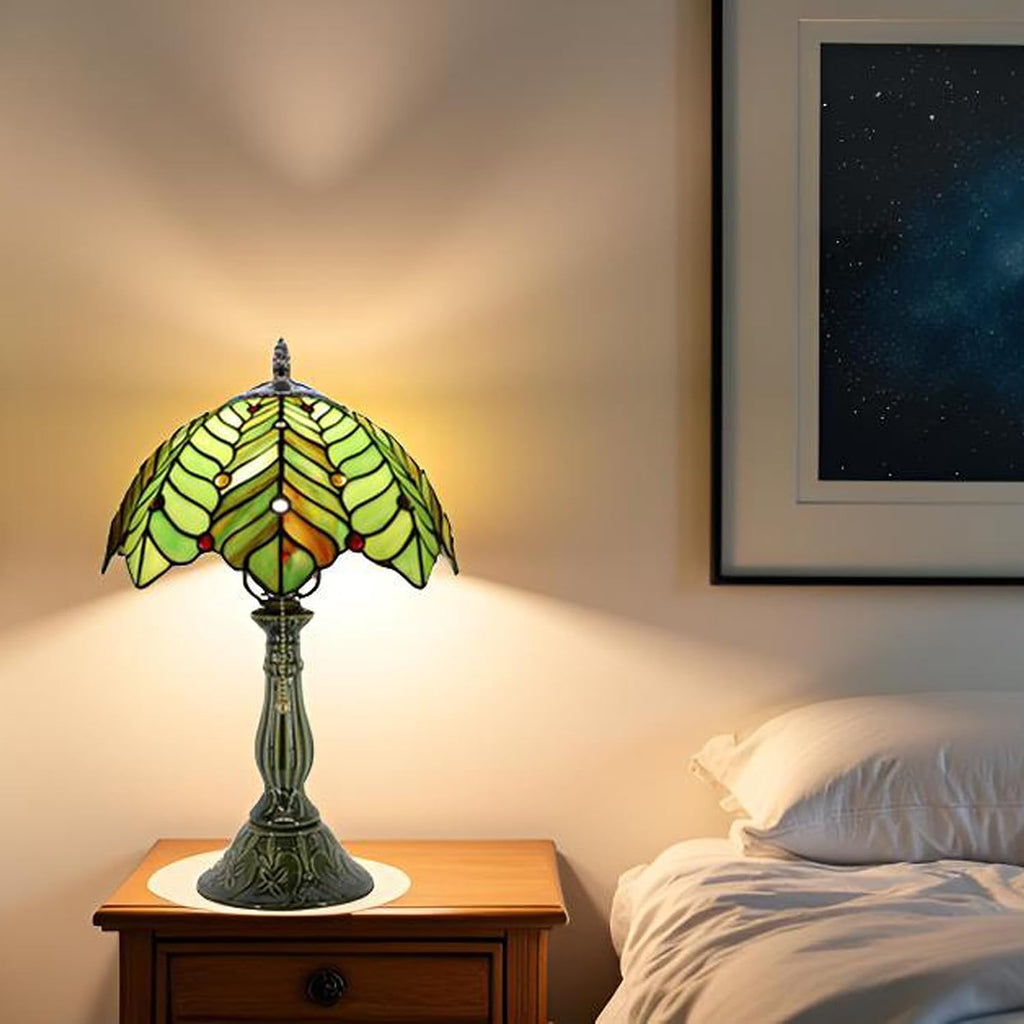 Tiffany Lamp Stained Glass Table Lamps Brown Green Coconut Leaves Style Desk Lamp 12X12X18.5 Inch Bronze Ceramic Base Reading Light Suitable for Bedside Bedroom Living Room Dining Room Office