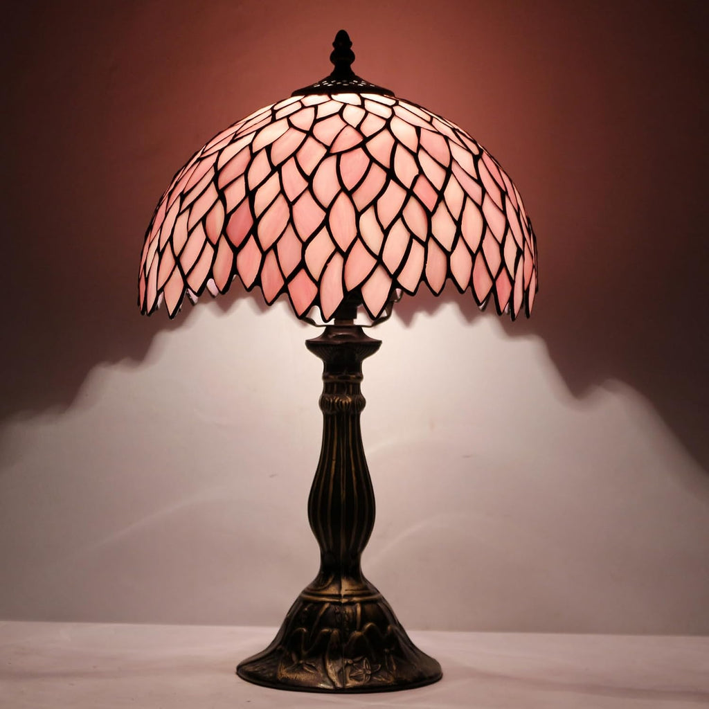 WERFACTORY Tiffany Table Lamp Pink Wisteria Style Stained Glass Desk Bedside Reading Light 12X12X18 Inches Decor Bedroom Living Room Home Office S523 Series
