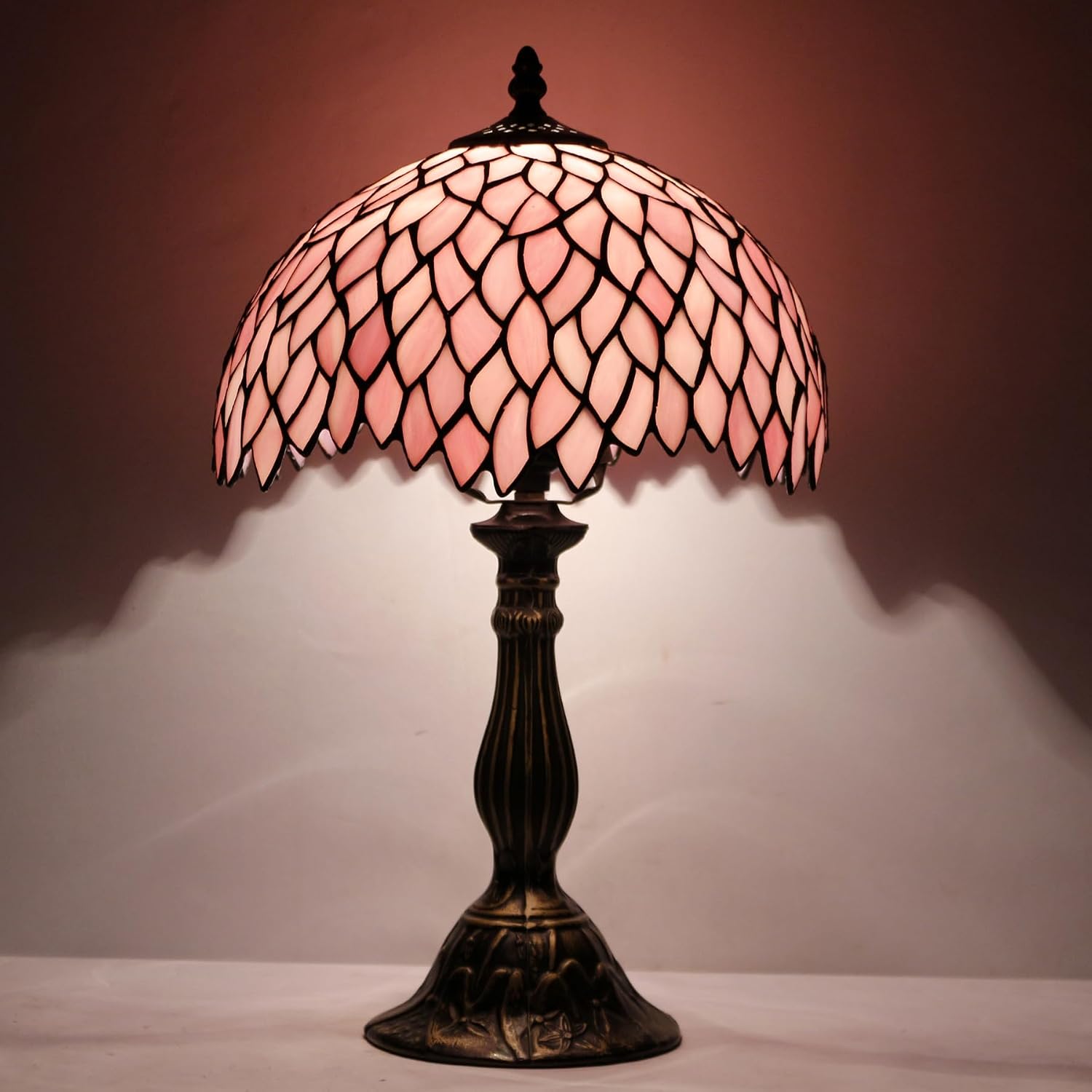 WERFACTORY Tiffany Table Lamp Pink Wisteria Style Stained Glass Desk Bedside Reading Light 12X12X18 Inches Decor Bedroom Living Room Home Office S523 Series