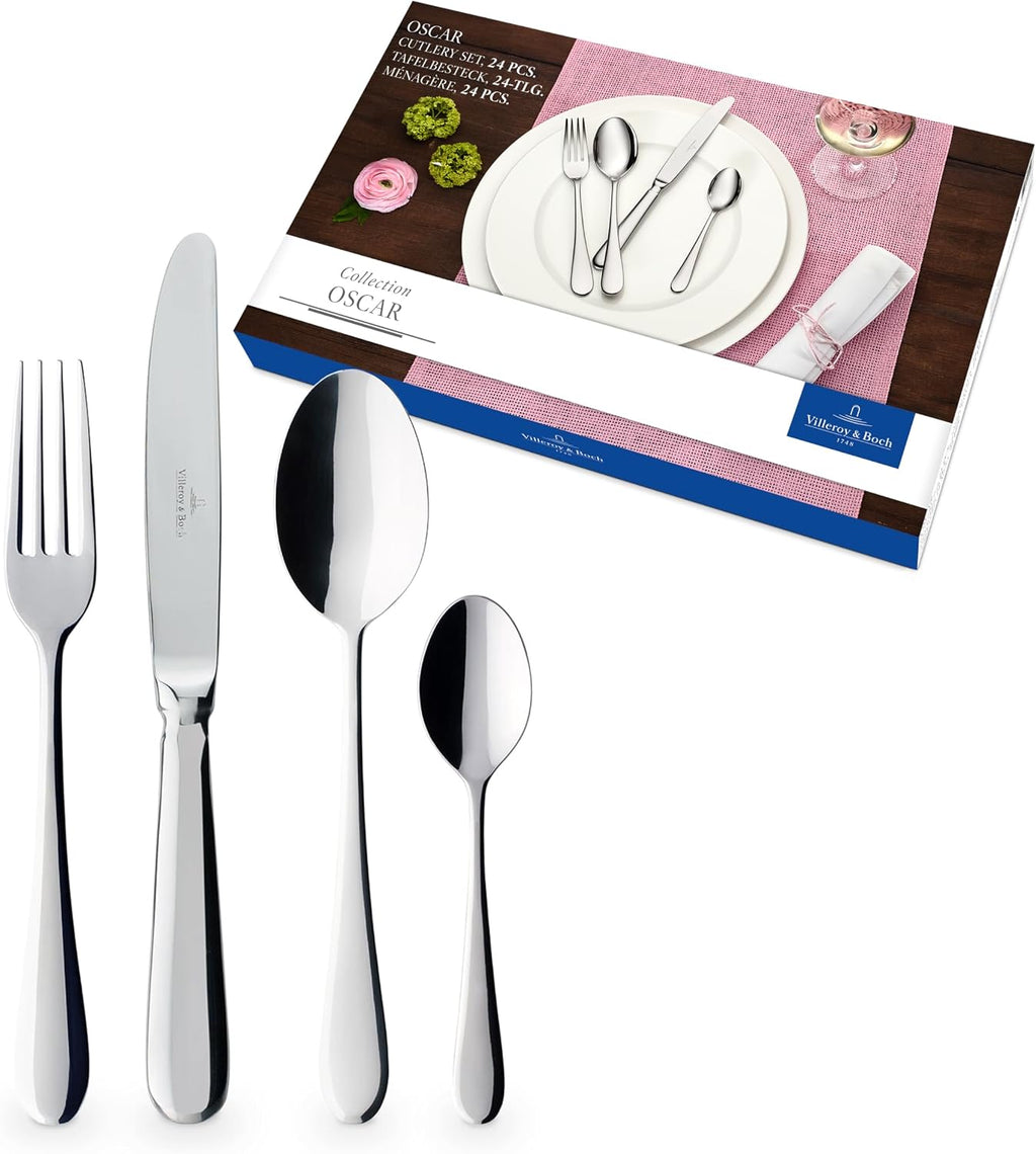 Villeroy & Boch – Oscar Cutlery Set 24 Pieces for 6 People, Dishwasher Safe, Rustproof, Knife, Fork, Spoon, Luxury Cutlery Set, Dinner, 18/10 Stainless Steel