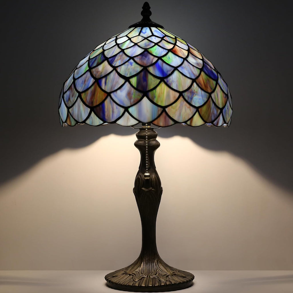 Tiffany Lamp Stained Glass Table Lamp 12' x 19' Blue Fish Scales Style Decorative Lamp Bedside Reading Lamp for Desk Living Room Bedroom Office Study Light Home Decor Gift
