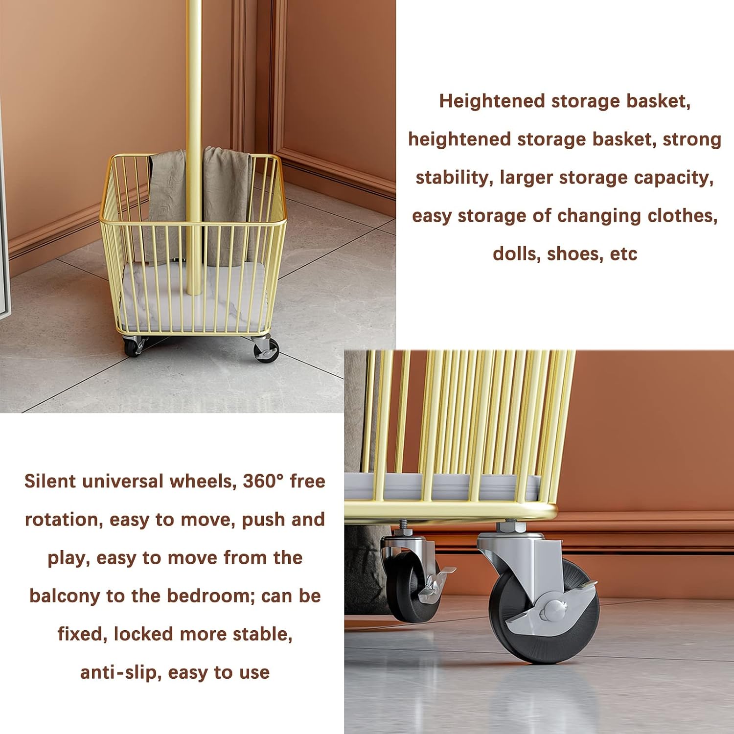 Coat Rack Stand Clothes Rack Stand, Garment Shelf with Storage Basket, Handbag Hat Scarfs Storage Holder with Wheels, Portable Hall Entryway Bedroom (Gold-36x185CM