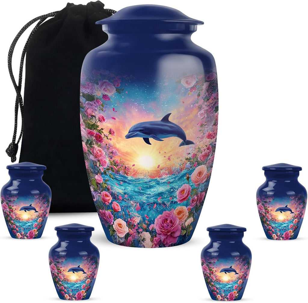 Dolphin Urn for Ashes for Women - Sunset Combo of 5 with 1 Large 10 Inch Blue Urn for Adult Female & Male and 4 Mini Roses Keepsake Urns for Mom, Men & Women - Decorative Funeral Ash Set