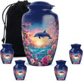 Dolphin Urn for Ashes for Women - Sunset Combo of 5 with 1 Large 10 Inch Blue Urn for Adult Female & Male and 4 Mini Roses Keepsake Urns for Mom, Men & Women - Decorative Funeral Ash Set