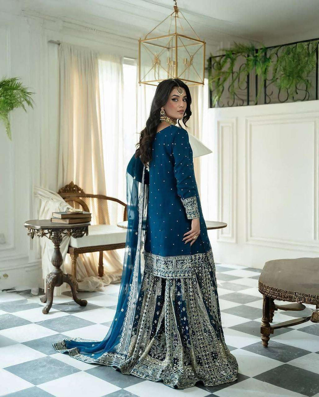 Sharvika crafts Women's Faux Georgette Embroidered Straight Kurta with Sharara & Dupatta Set with Rivet Moti Work