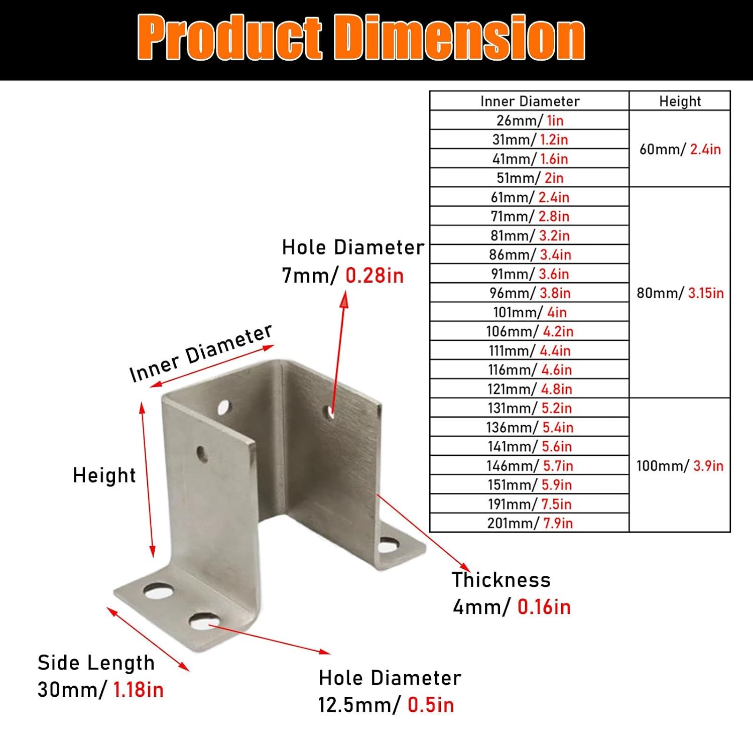 1x1 2x2 4x4 6x6 8x8 U-Channel Surface Mount Post Base, Post Anchor for Concrete/Wooden Floors/Brick Floors/Marble Floors, Mailbox/Pergola Column Support Bracket, 4pcs(7.5x7.5x3.9in)