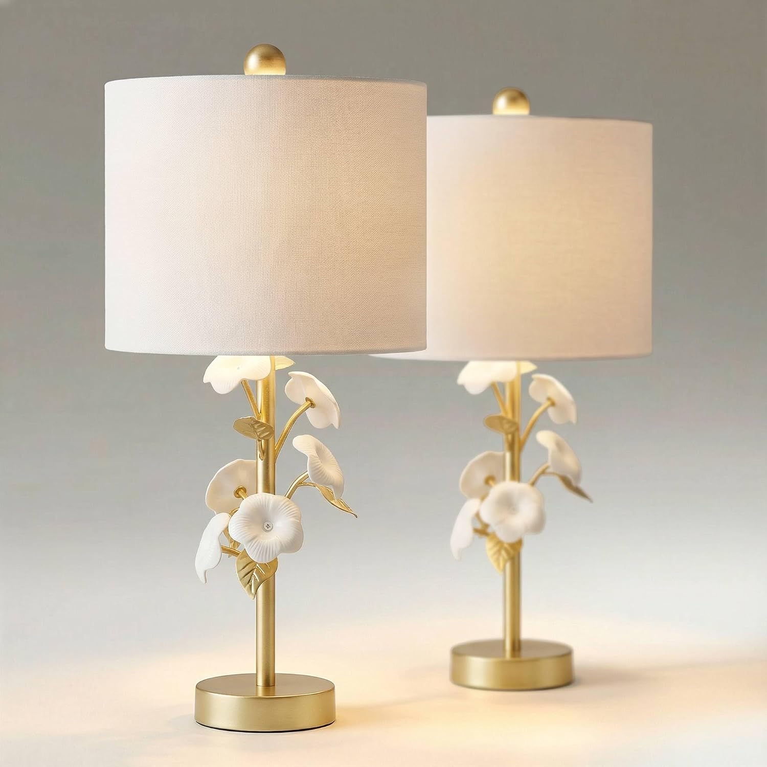 360 Lighting Descanso 21' H Gold and White Flower Table Lamp Set of 2 with Dimmer