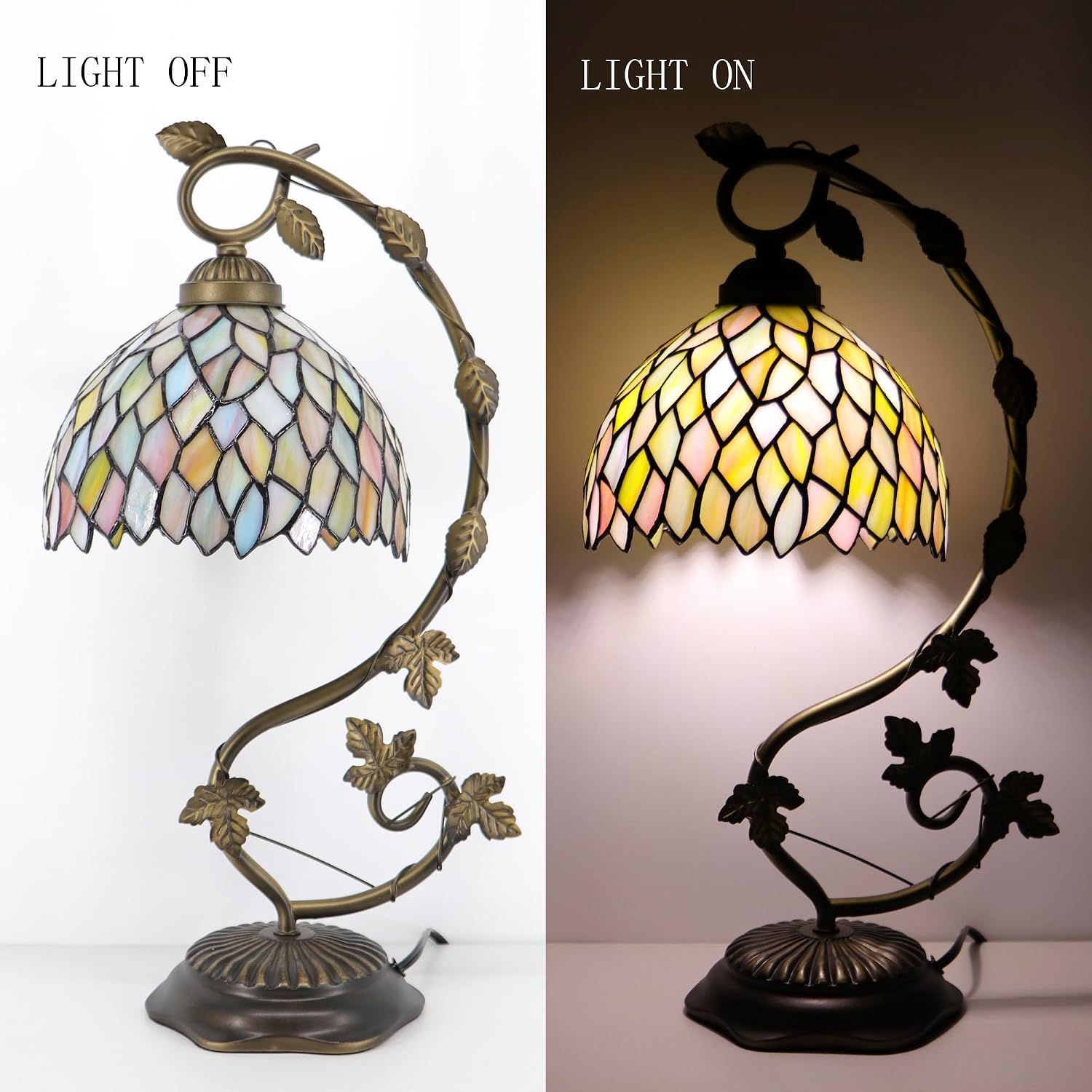 Tiffany Table Lamp, Stained Glass Desk Reading Light,Metal Leaf Table Lamp Base 8X10X21 Inches (Seven Color Wisteria)