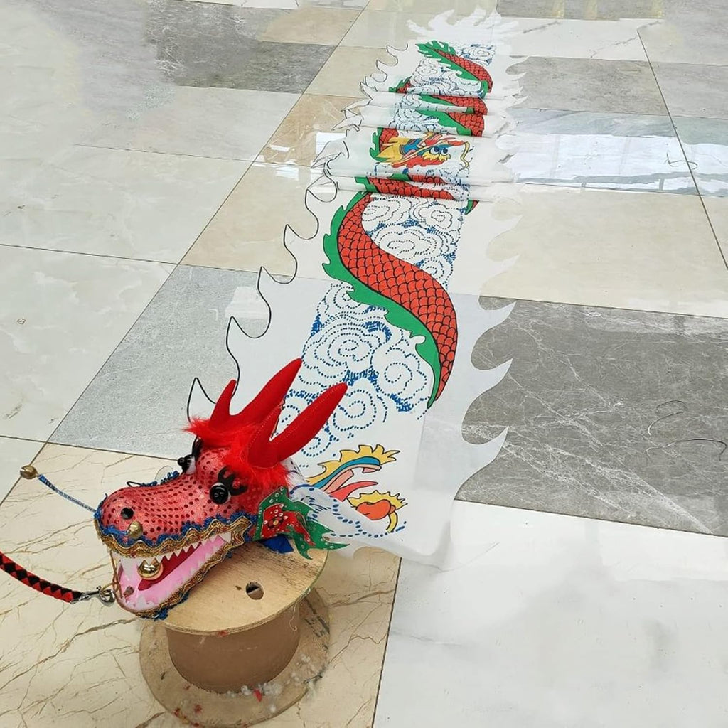 Chinese New Year Dragon Body Ribbon Dancer - Real-Like Plastic Dragon Head - Silk Shaking Streamer - Washable - Perfect for Festivals and Celebrations