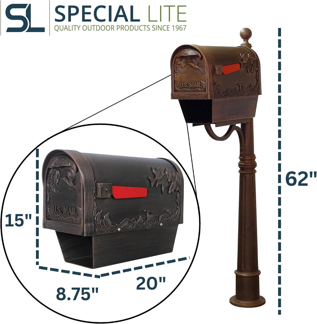 Special Lite Hummingbird Curbside Mailbox with Paper Tube and Ashland Post - Copper Aluminum Mailbox for Post Mount - SCB2005-SPK600-CP