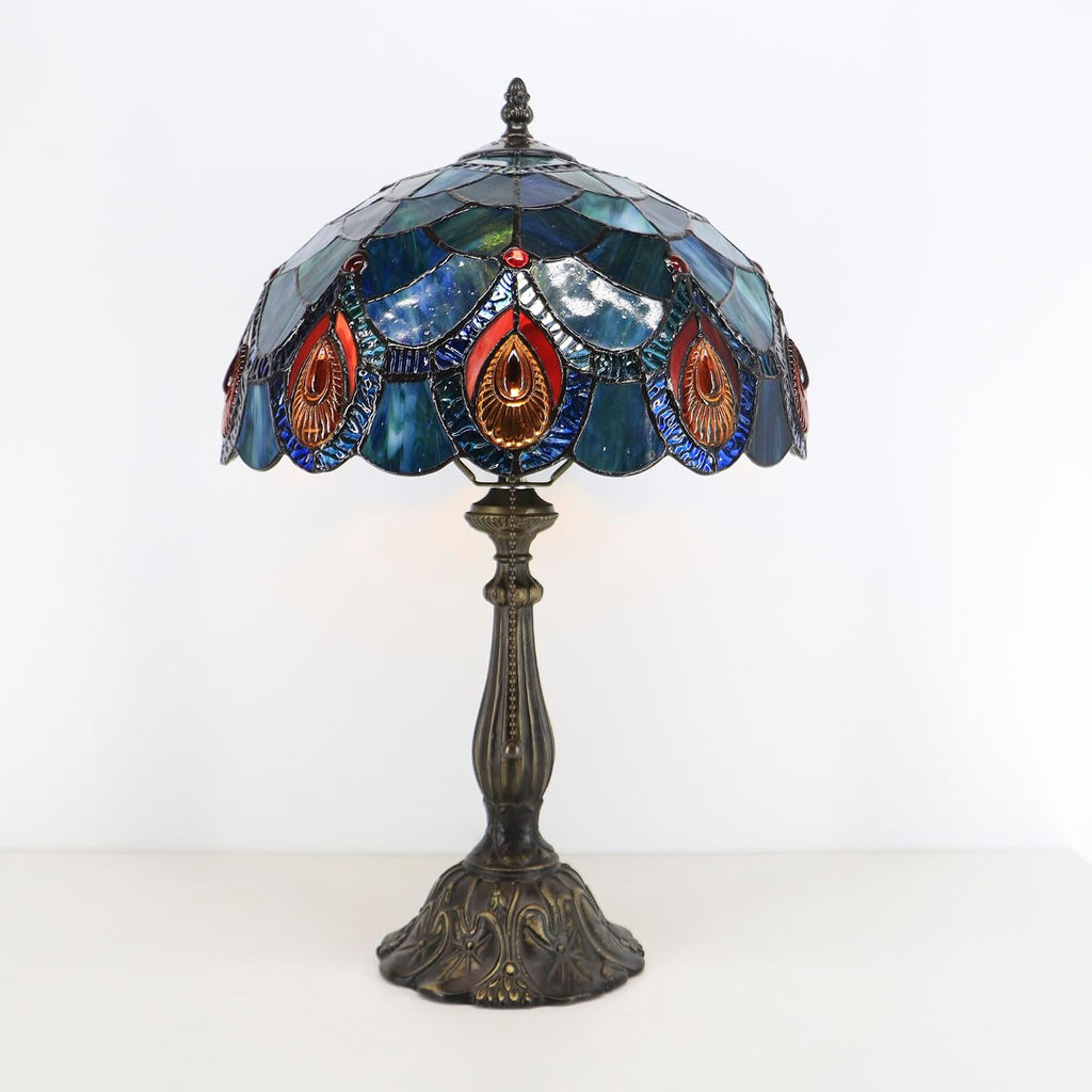 Tiffany Lamps Blue Peacock Tail Style Stained Glass Table Lamp Desk Bedside Reading Light 12X12X18.5 Inches with Bronze Resin Base Applicable to Bedroom Living Room Office