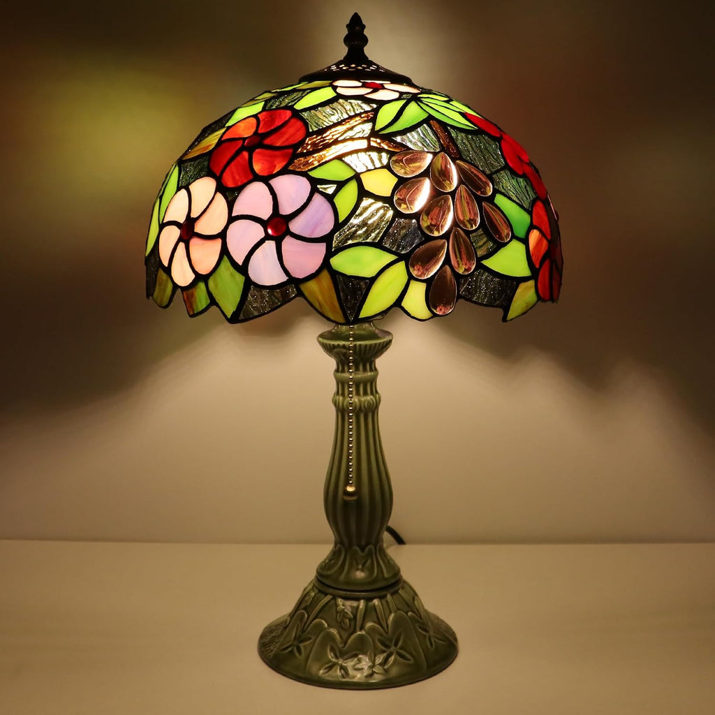 Tiffany Lamp Stained Glass Table Lamps Amber Grape Style Desk Lamp 12X12X18.5 Inch Bronze Ceramic Base Reading Light Suitable for Bedside Bedroom Living Room Dining Room Office