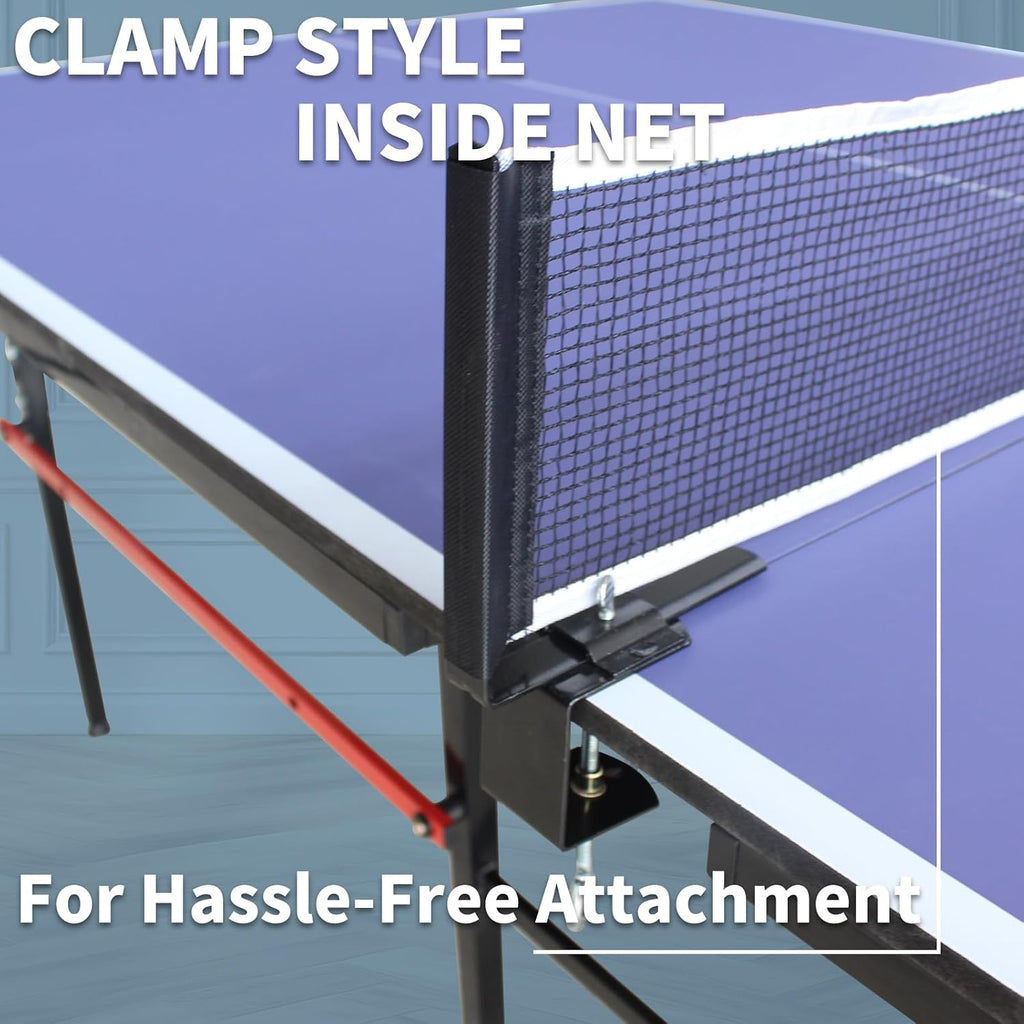 Professional Table Tennis Table, Foldable Ping Pong Game Set for Indoor, 8FT 9FT Single Player Playback Mode Ping Pong Table with Net and Post Set, 2 Paddles and 3 Balls (Blue-8x4FT)