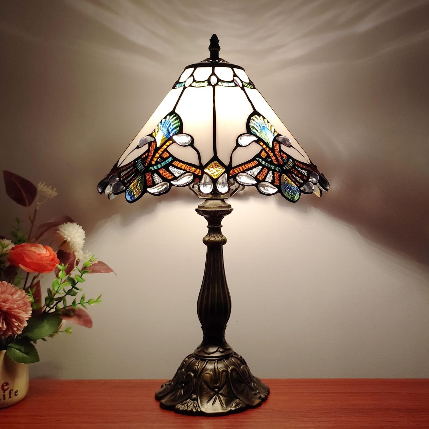 Tiffany Lamp White Baroque Style Stained Glass Lamp 12X12X19 inch Vintage Bedroom Table lamp 3-Way Tiffany Style Reading Desk Light for Home Living Room Office Include Light Bulb