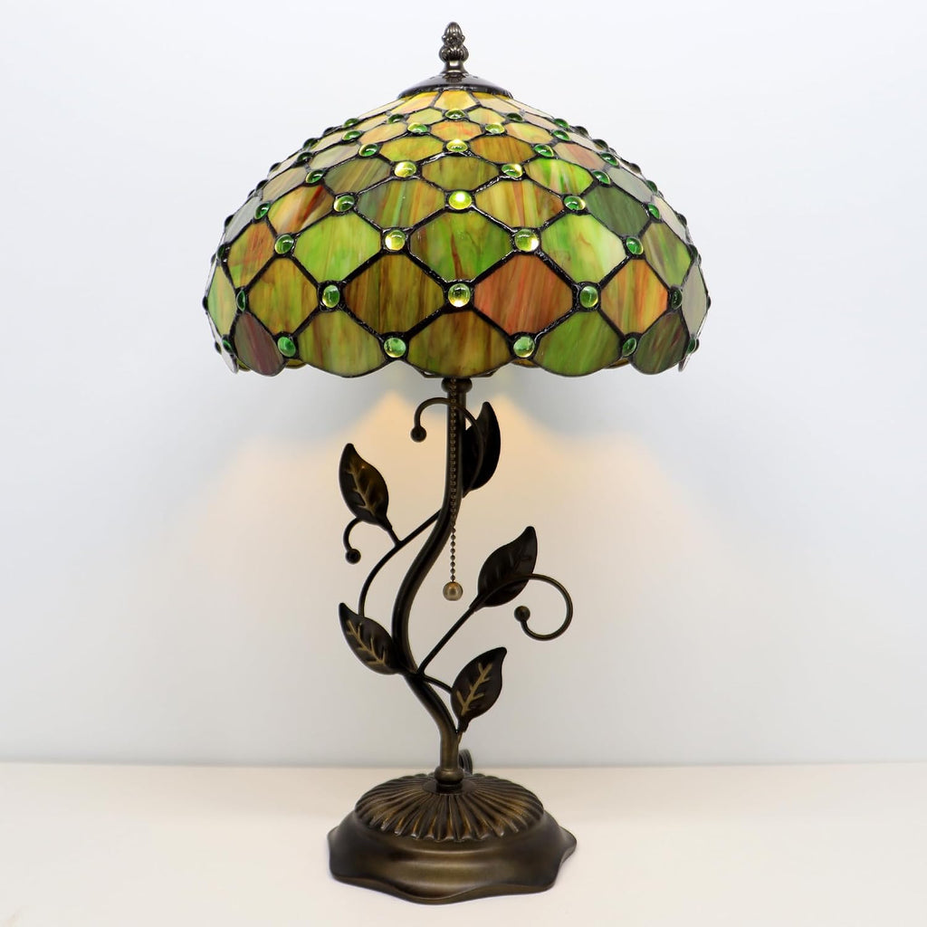 Tiffany Lamp Brownish Green Pearl Style Stained Glass Table Lamp Desk Bedside Reading Light 12X12X19 Inches with Metal Leaf Base