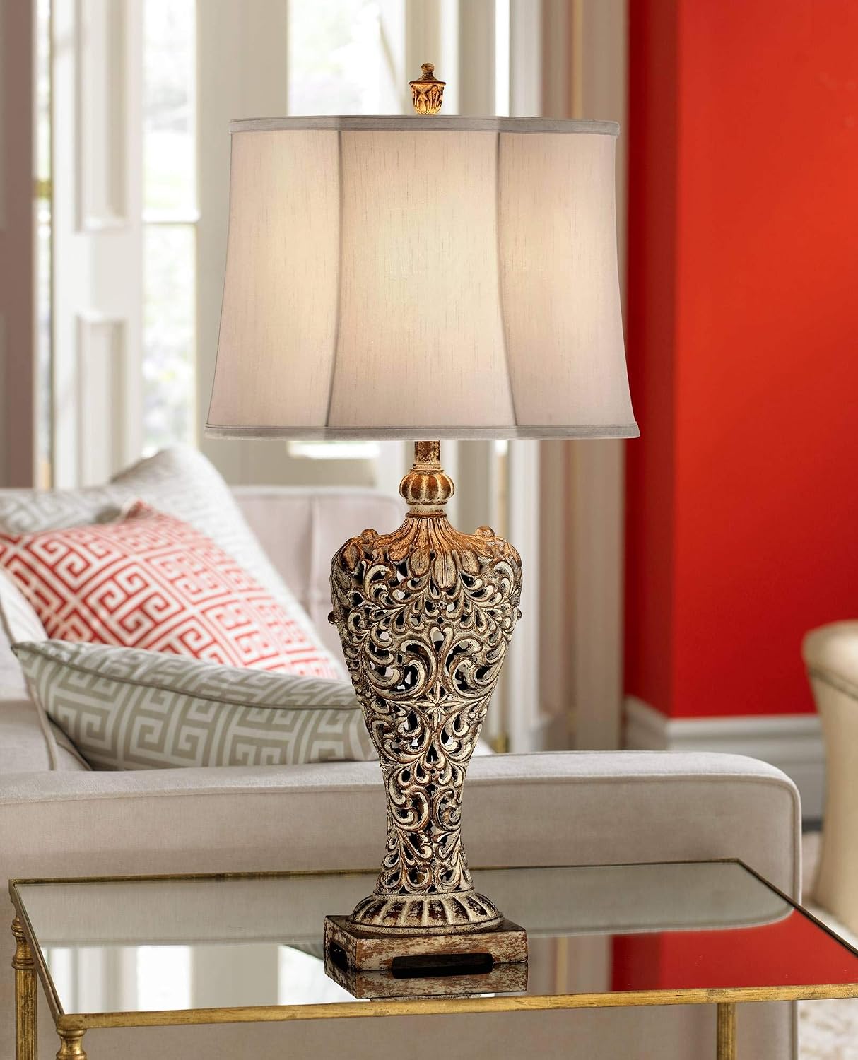 Regency Hill Elle Traditional Antique Table Lamp 33' Tall Classic Gold Open Scroll Bronze Off White Oval Shade Decor for Living Room Bedroom House Bedside Nightstand Home Entryway