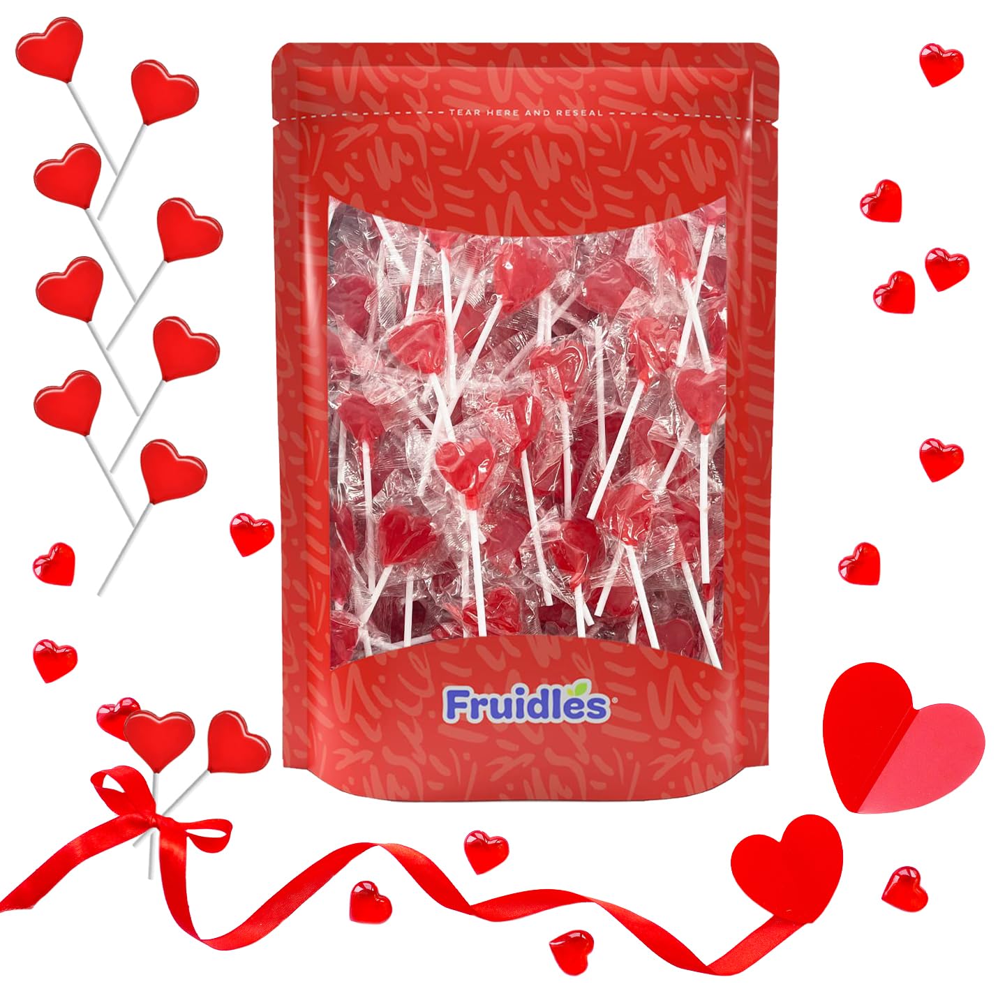 Fruidles Valentines Day Lollipops Mini Red Heart Shaped Strawberry Flavored Lollipop, Individually Wrapped, 5g Lollipops (1600 Lollipops)