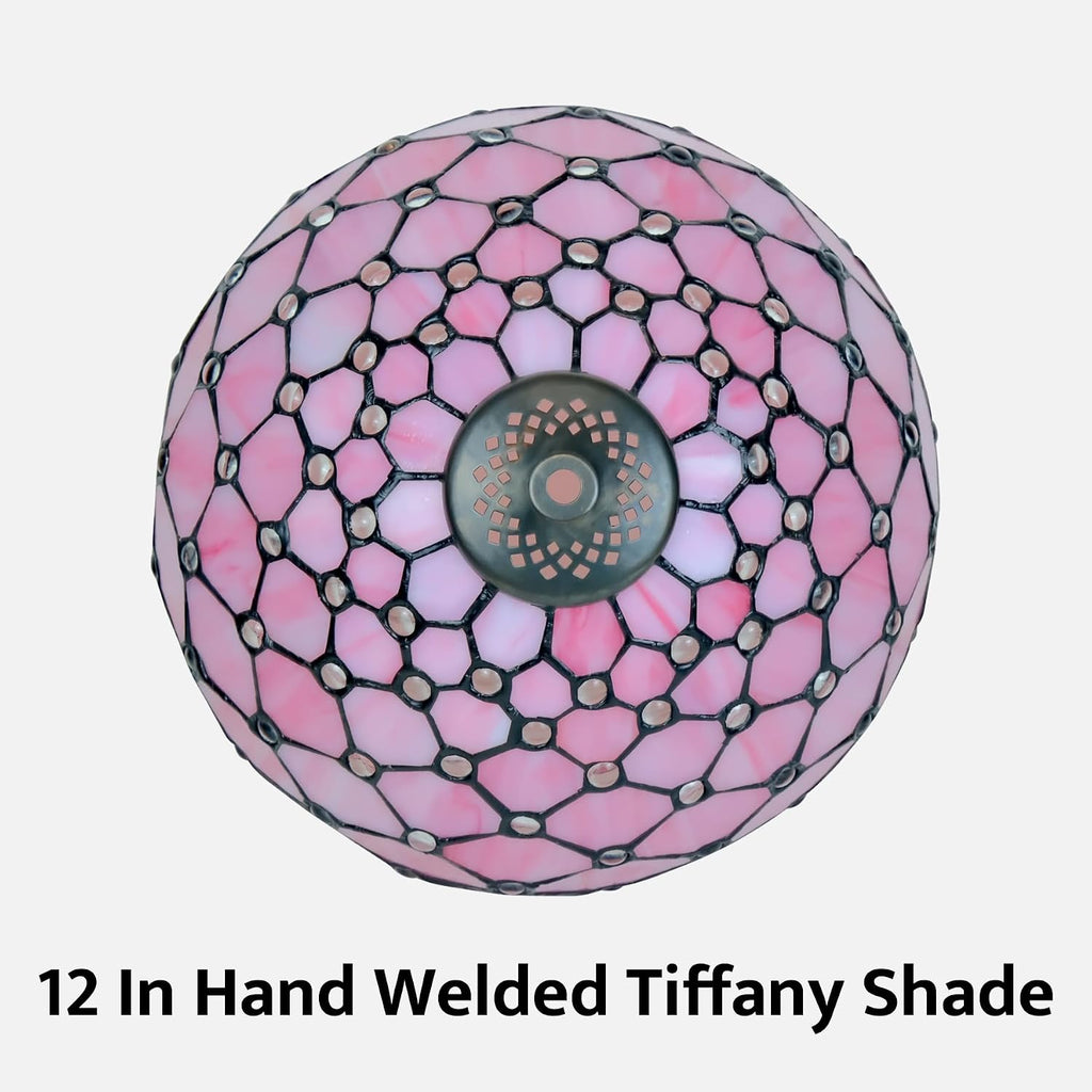 Tiffany Lamp Vintage Pink Stained Glass Bead Table Lamp Desk Bedside Reading Light Decor Bedroom Living Room Home Office D12*H18 Inches