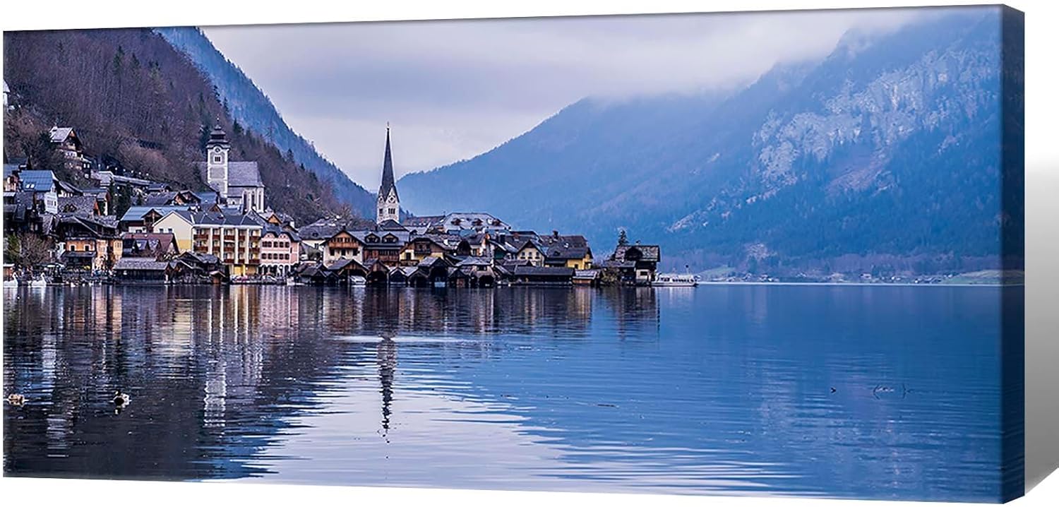 Large European Hallstatt Alpine Village Wall Art Austrian Lakeside Town Canvas Print Misty Mountain Landscape Posters Reflected Houses Travel Home Decor Artwork for Living Room 20x40inch Framed