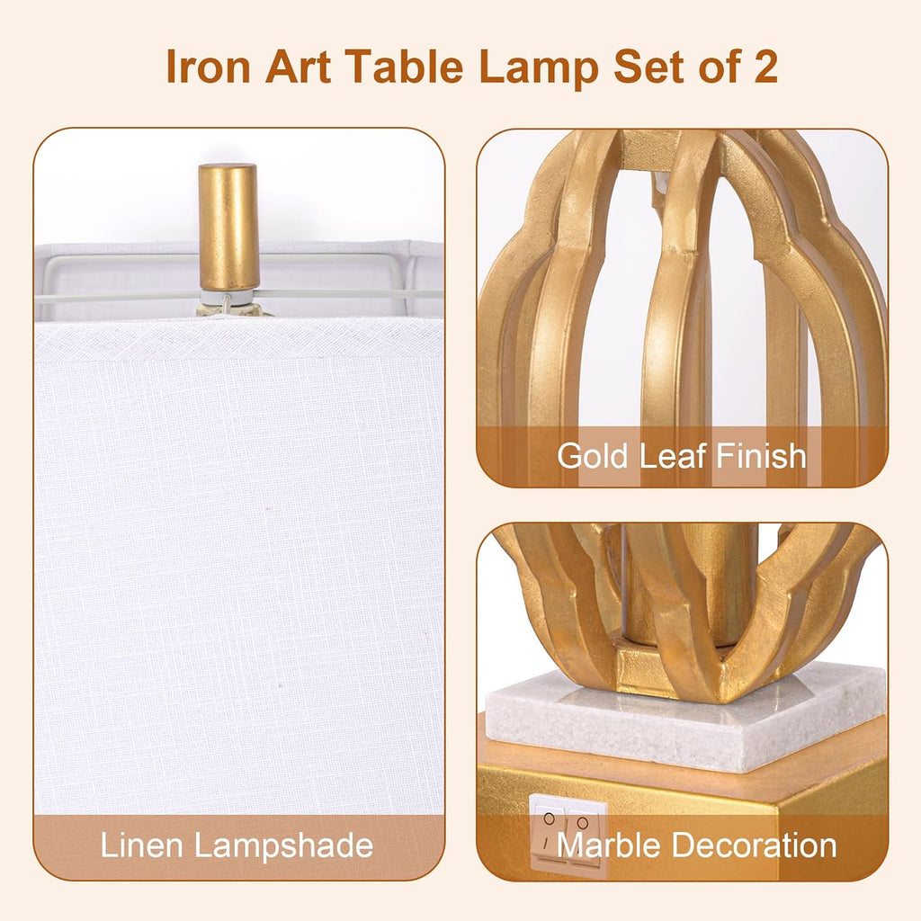 28' Iron Art Table Lamp Set of 2 for Living Room, Modern Gold Leaf Desk Lamps with Nightlight and 2 USB Charging Ports, Farmhouse Bedside Lamp for Bedroom Nightstand, 3 Way Dimmable Bulb Included