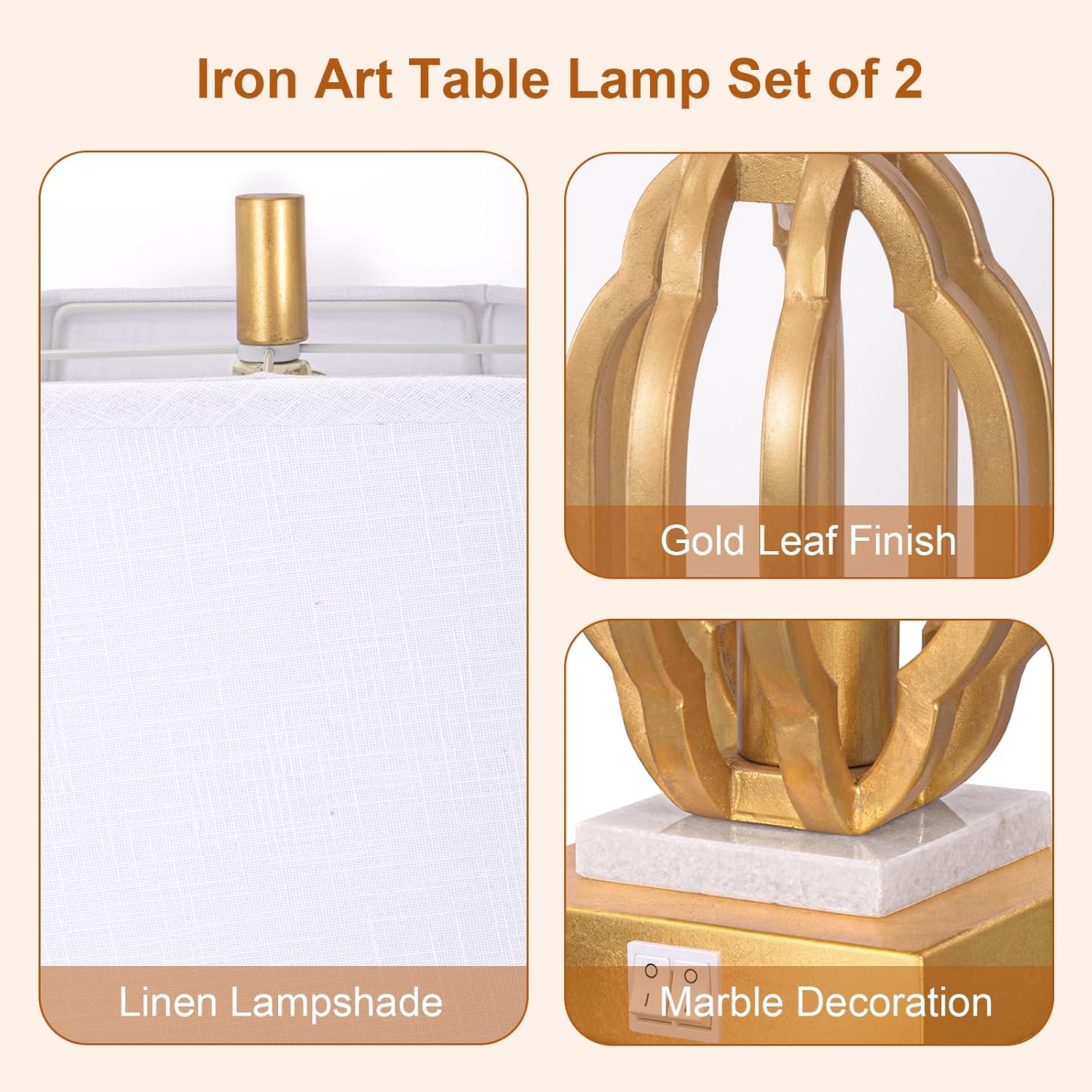 28' Iron Art Table Lamp Set of 2 for Living Room, Modern Gold Leaf Desk Lamps with Nightlight and 2 USB Charging Ports, Farmhouse Bedside Lamp for Bedroom Nightstand, 3 Way Dimmable Bulb Included