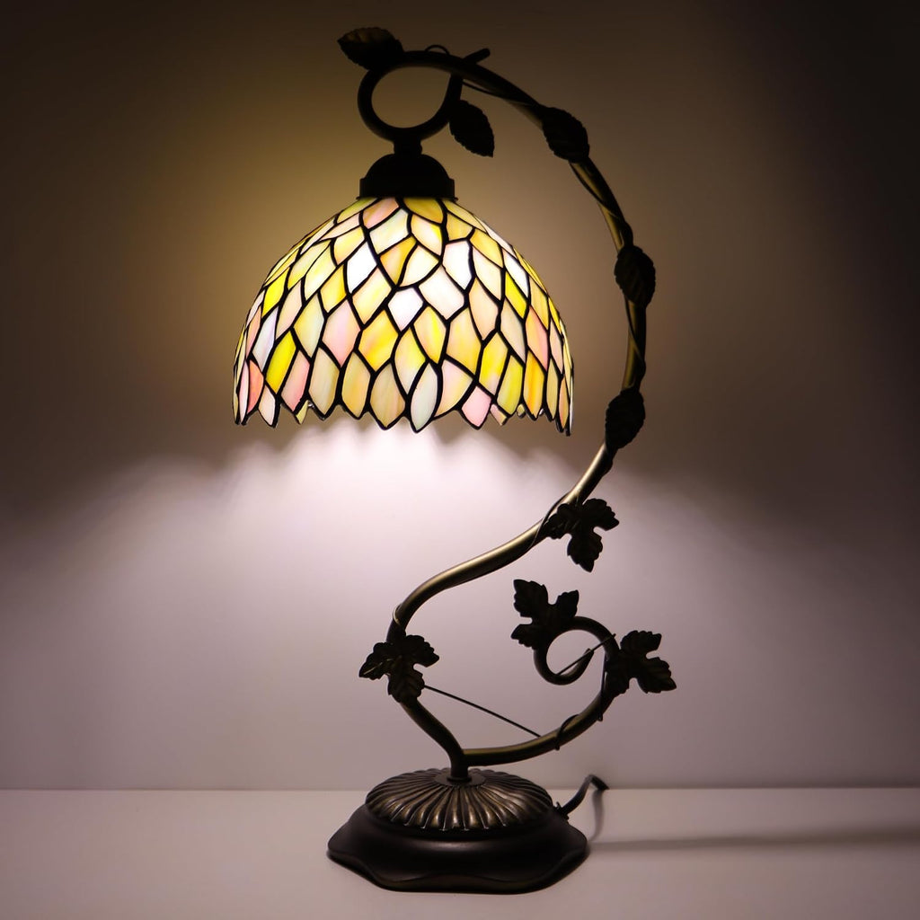Tiffany Table Lamp, Stained Glass Desk Reading Light,Metal Leaf Table Lamp Base 8X10X21 Inches (Seven Color Wisteria)