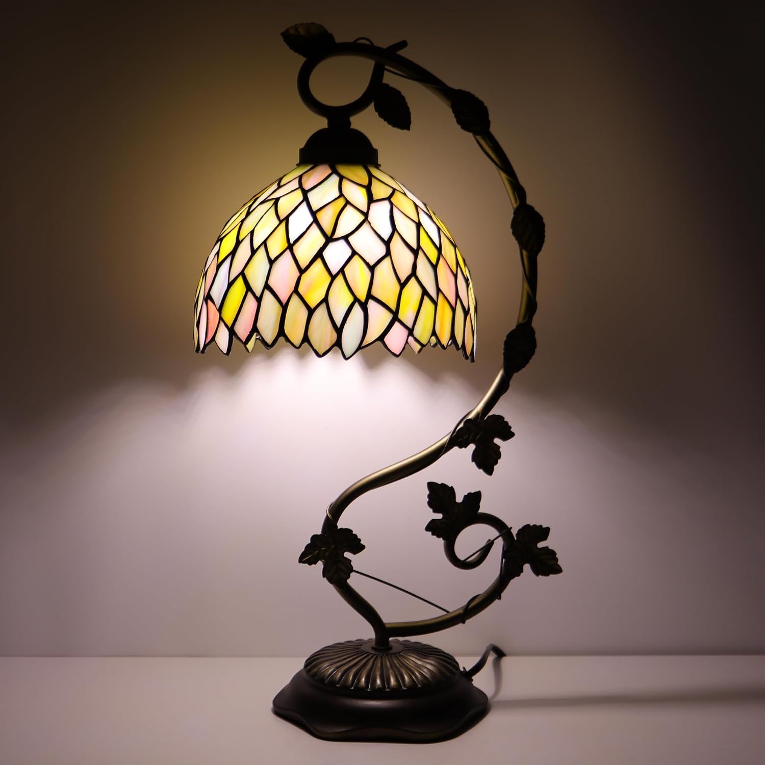 Tiffany Table Lamp, Stained Glass Desk Reading Light,Metal Leaf Table Lamp Base 8X10X21 Inches (Seven Color Wisteria)