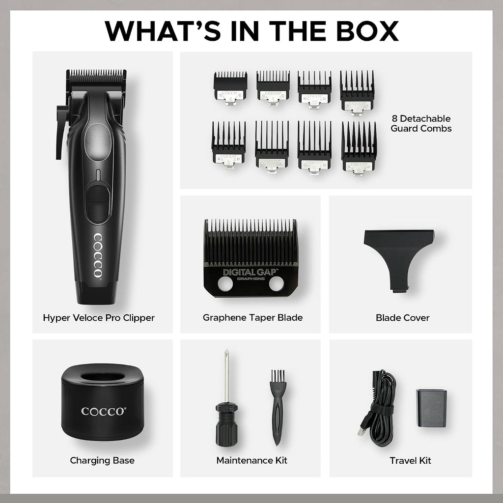 Cocco Veloce Pro Clipper, Digital Gap Ambassador Graphene Taper Blade Professional Hair Clippers, High-Torque BLDC Motor, All-Metal, Cordless, Charging Base Included