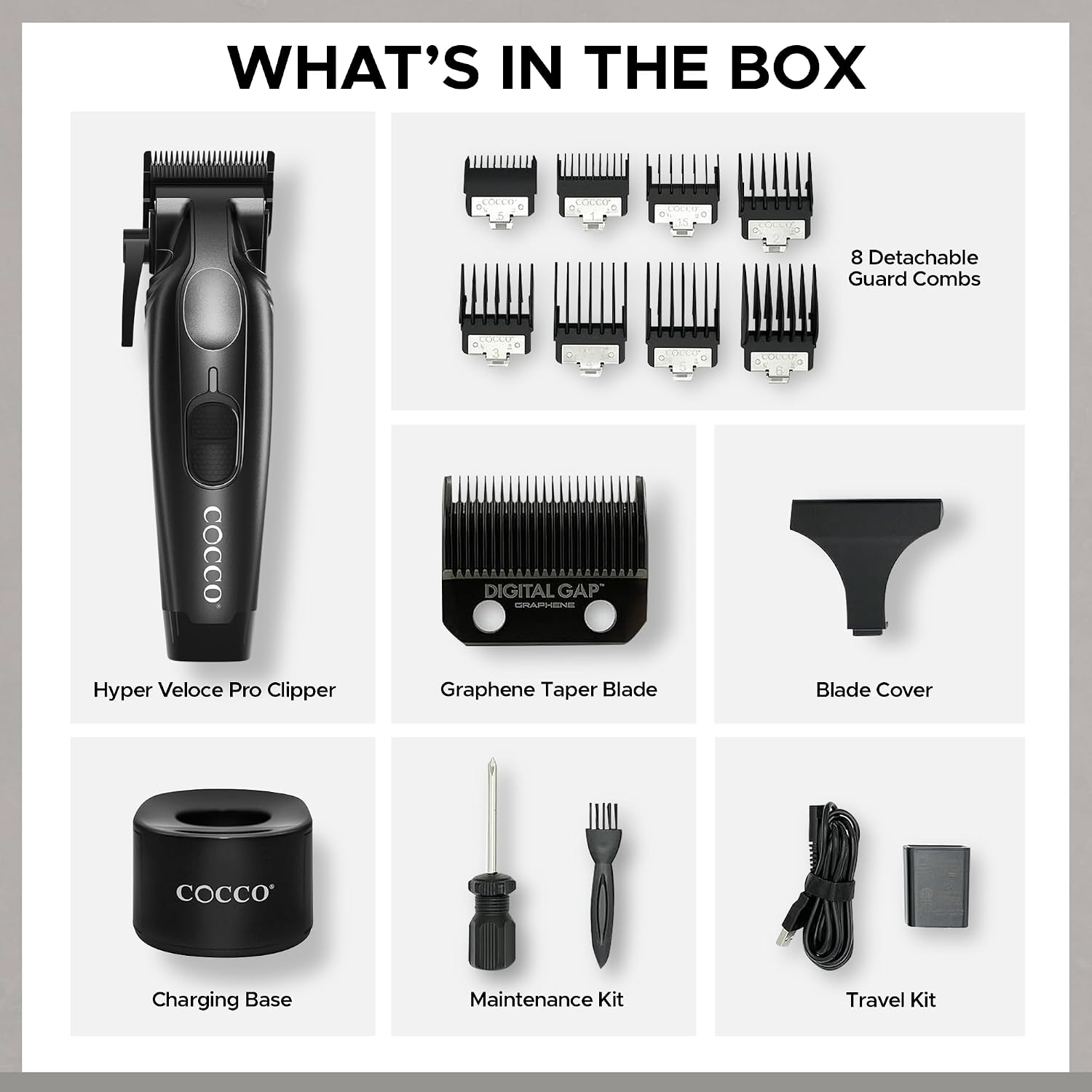 Cocco Veloce Pro Clipper, Digital Gap Ambassador Graphene Taper Blade Professional Hair Clippers, High-Torque BLDC Motor, All-Metal, Cordless, Charging Base Included