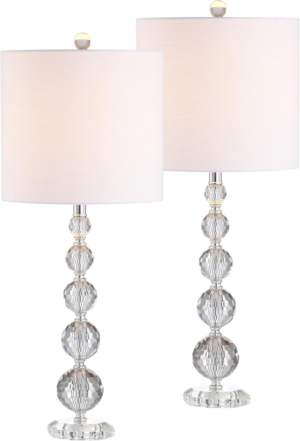 JONATHAN Y 28.5' Clear Crystal Faceted Orb Table Lamp Set of 2, Modern Glam Chrome Bedside Lamps for Living Room, White Linen Drum Shade, UL Listed, LED Bulbs Included JYL5002A-SET2