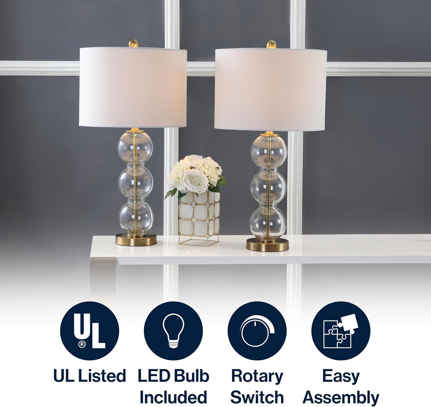JONATHAN Y 27' Clear/Brass Triple-Sphere Glass Table Lamp Set of 2, Bedside, White Linen Shade, Modern Table Lamps for Living Room, Bedroom, Office, LED Bulbs Included JYL1070A-SET2