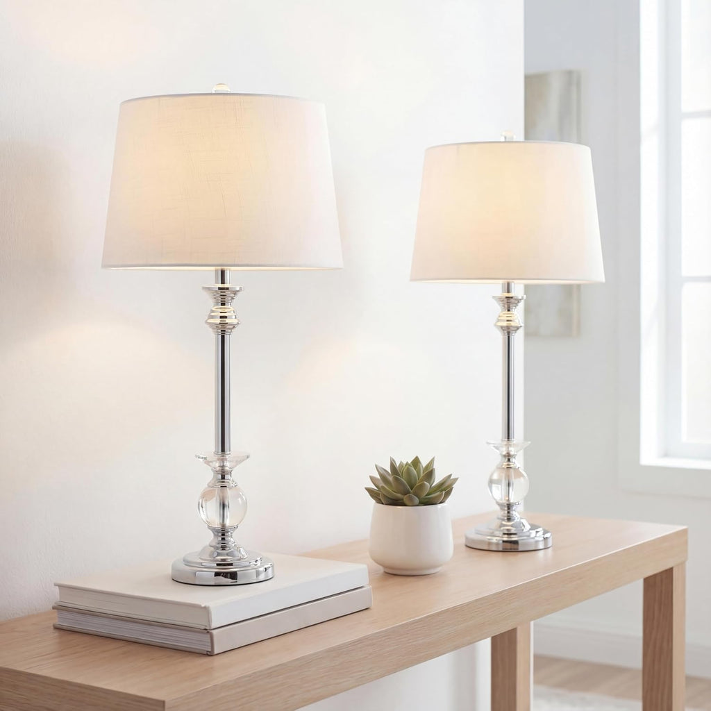 JONATHAN Y 33' Crystal and Chrome LED Table Lamp Set of 2, Contemporary Clear Metal Lamps for Living Room Bedroom, White Linen Drum Shade, LED Bulbs Included, UL Listed JYL2056A-SET2