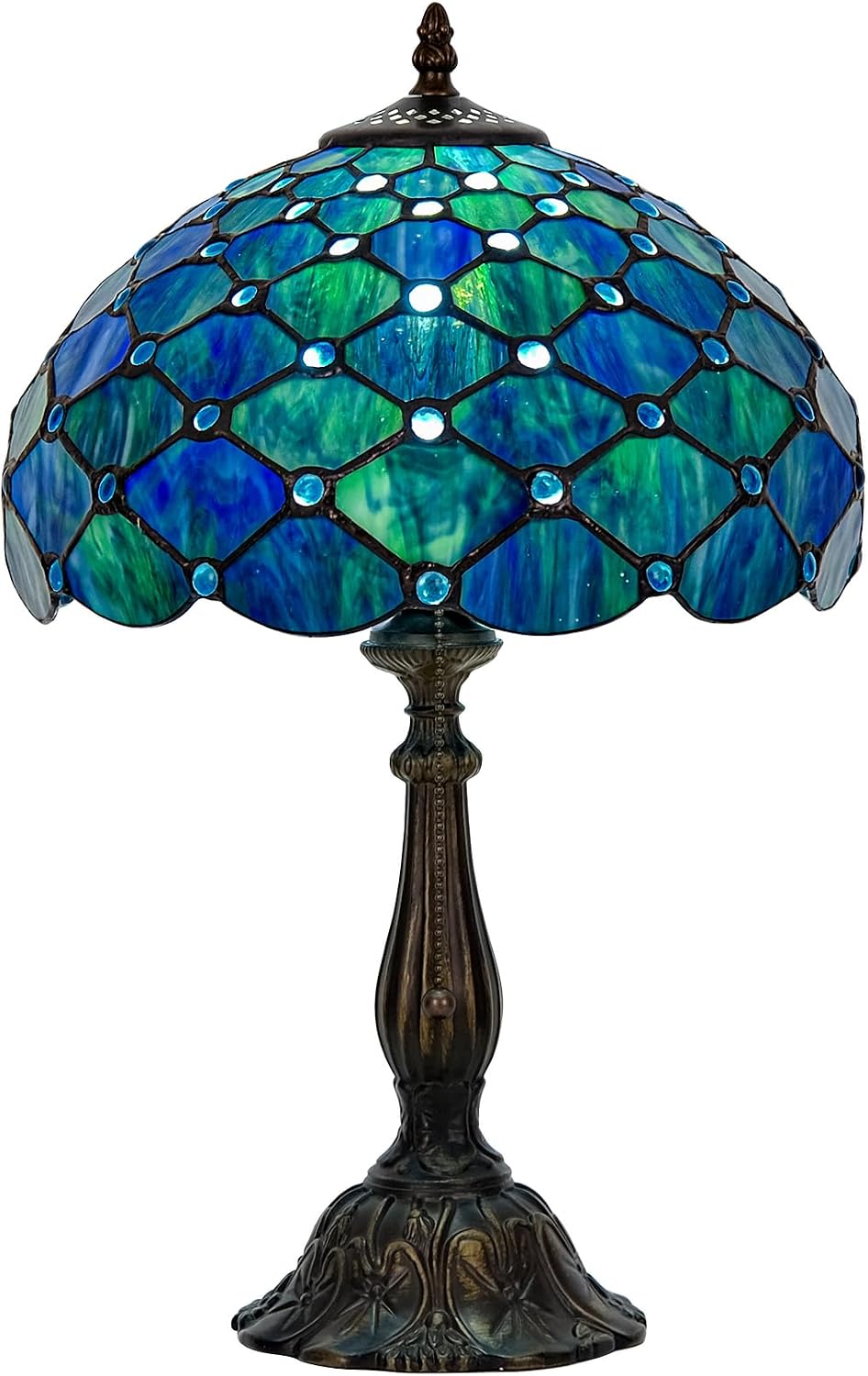 Tiffany Style Table Lamp Vintage Stained Glass Desk Lamp Sea Blue Pearls Bedside Reading Light Decor Bedroom Living Room Entry Home Office D12 xH18