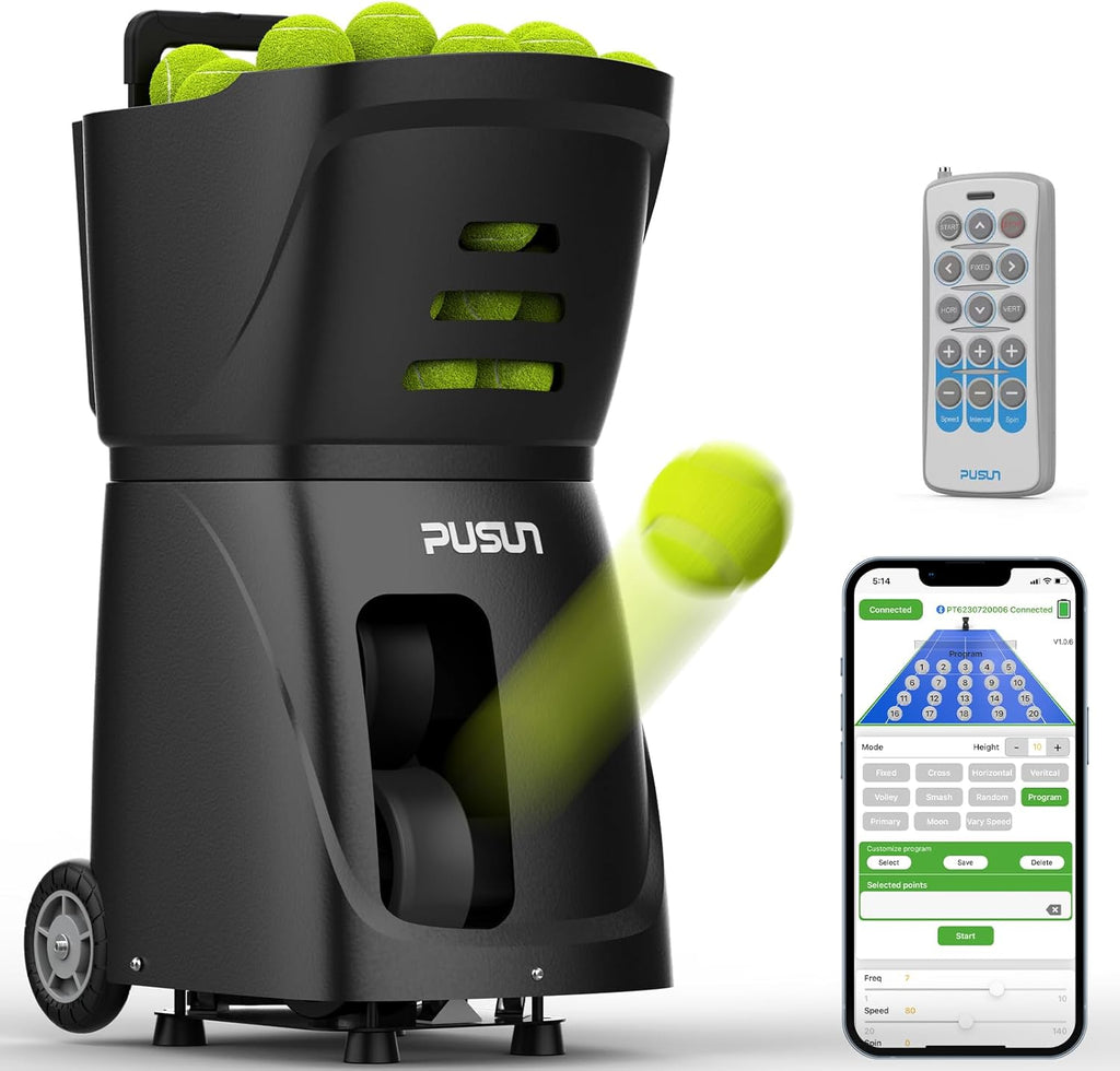PT-SAMRT-Professional Tennis Ball Machine with App Control - 100+ Ball Capacity - 12 Training Modes - 4-6 Hours Battery Life (Black)