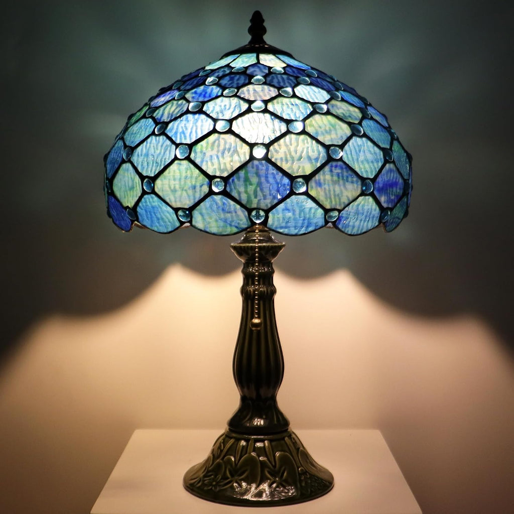 Tiffany Lamp Stained Glass Table Lamps Sea Blue Water Ripple Pearl Style Desk Lamp12X12X18.5 Inch Bronze Ceramic Base Reading Light Suitable for Bedside Bedroom Living Room Dining Room Office