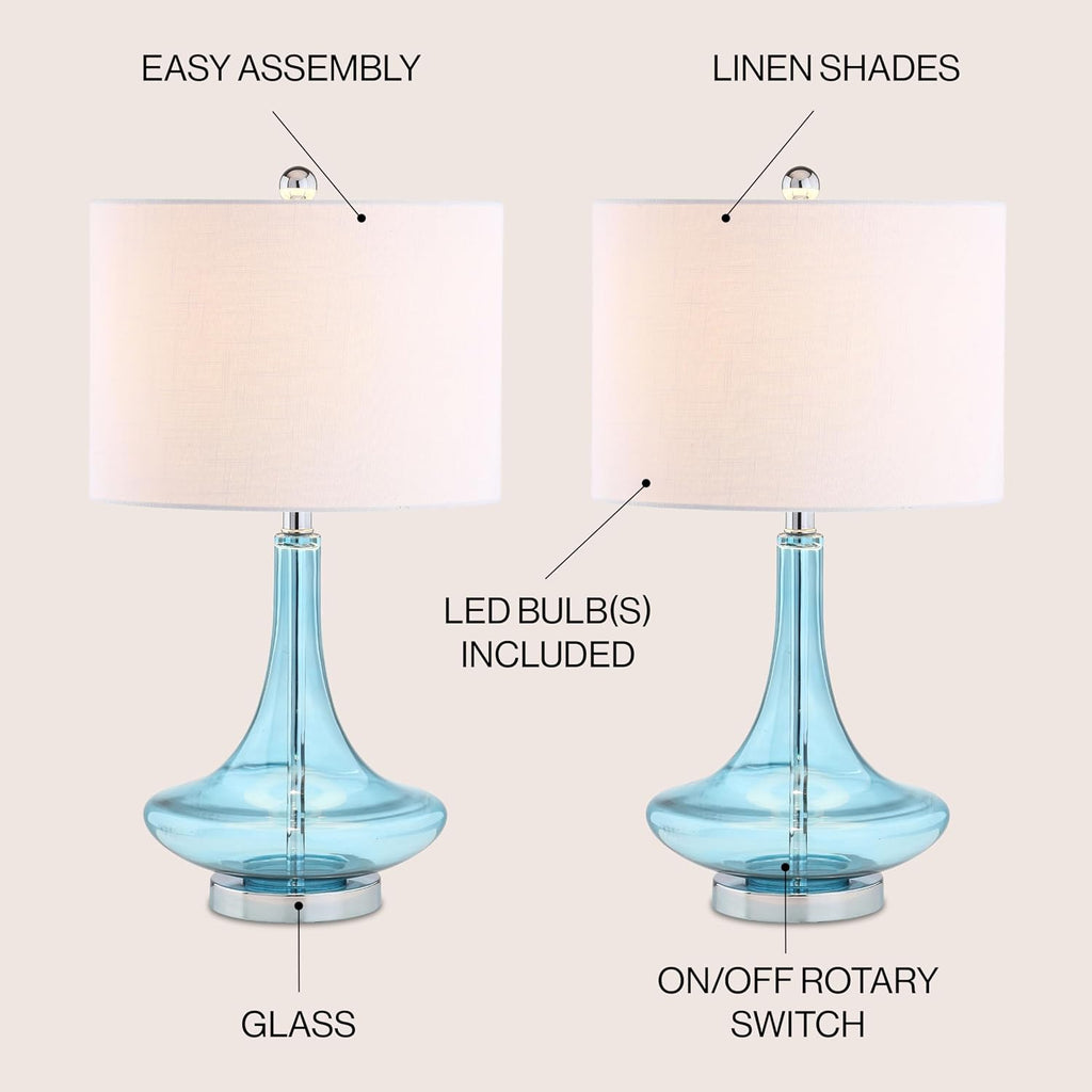 JONATHAN Y 25.5' Aqua/Chrome Glass Teardrop Table Lamp Set of 2 for Bedroom, Modern Bedside Lamps for Living Room, White Linen Drum Shade, LED Bulbs Included (JYL1081B-SET2)